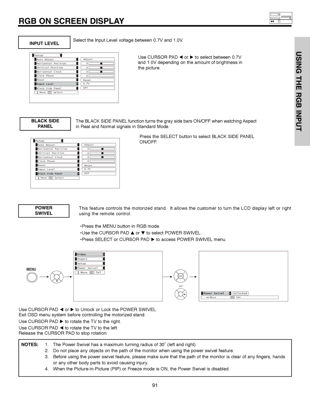 Hitachi 32HLX61 important safety instructions Using the RGB, Input Level, Black Side, Panel, Power Swivel 