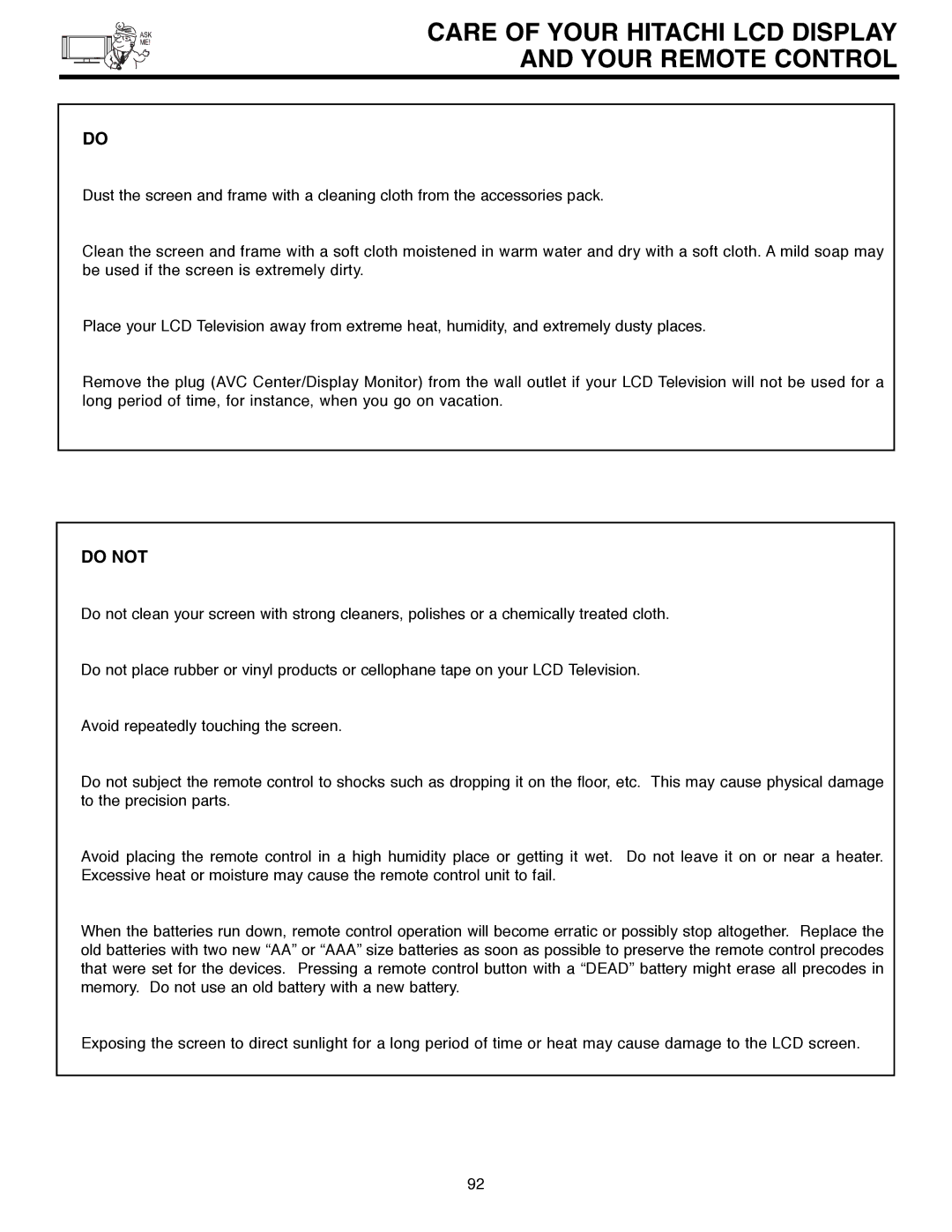 Hitachi 32HLX61 important safety instructions Care of Your Hitachi LCD Display Your Remote Control, Do not 