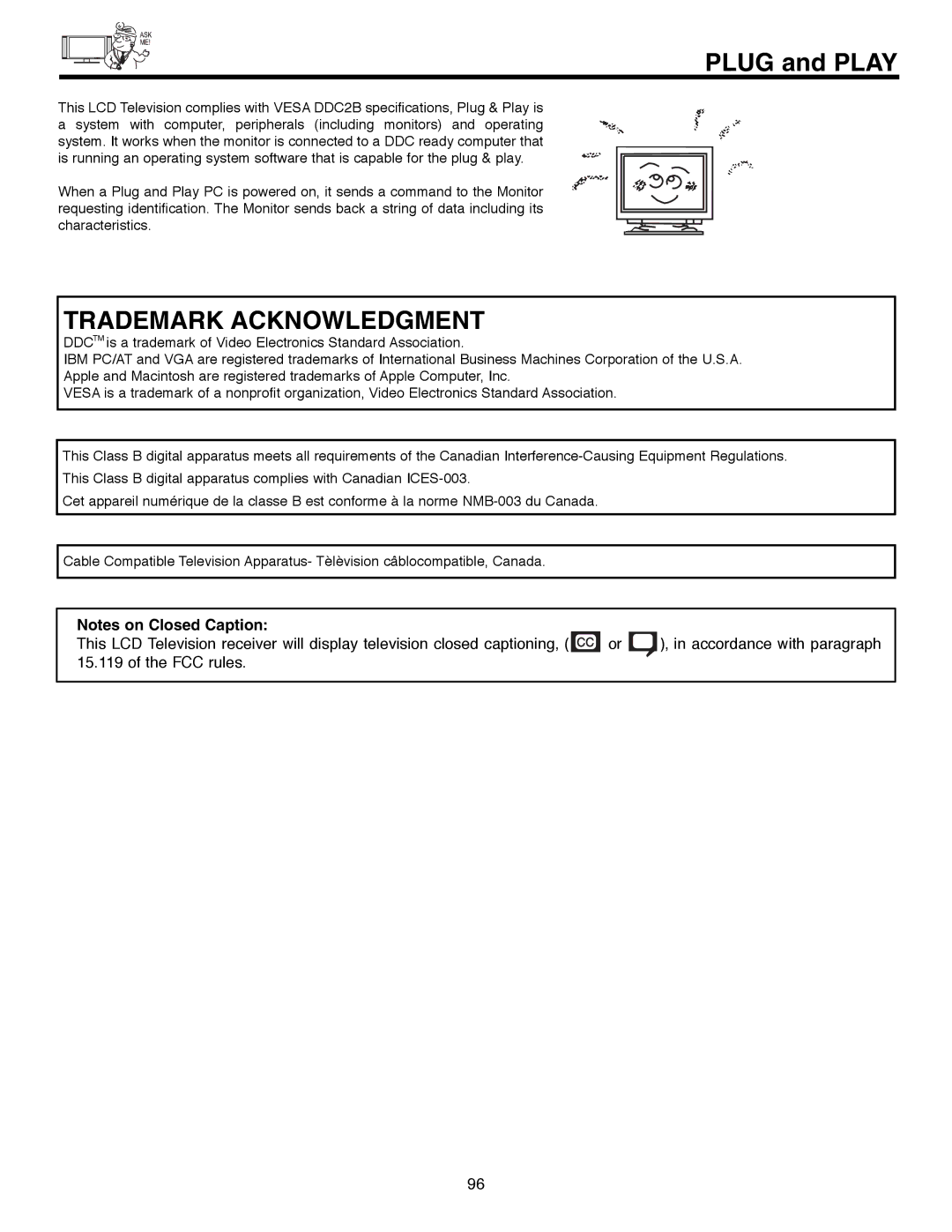 Hitachi 32HLX61 important safety instructions Plug and Play, Trademark Acknowledgment 