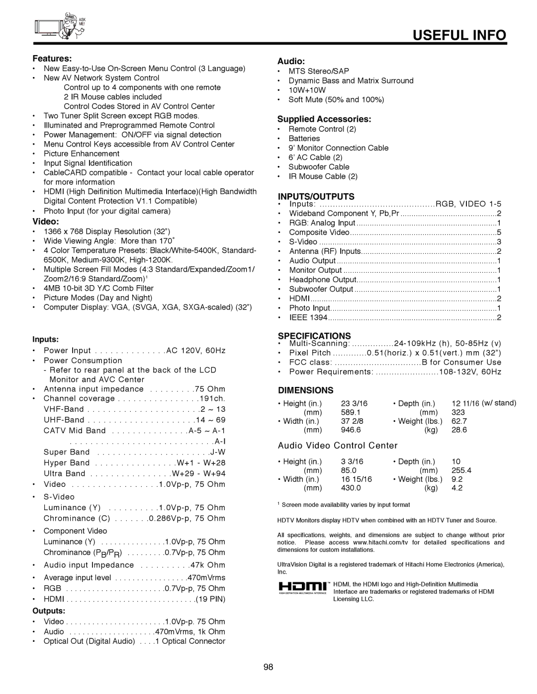 Hitachi 32HLX61 important safety instructions Inputs, Outputs, RGB, Video 