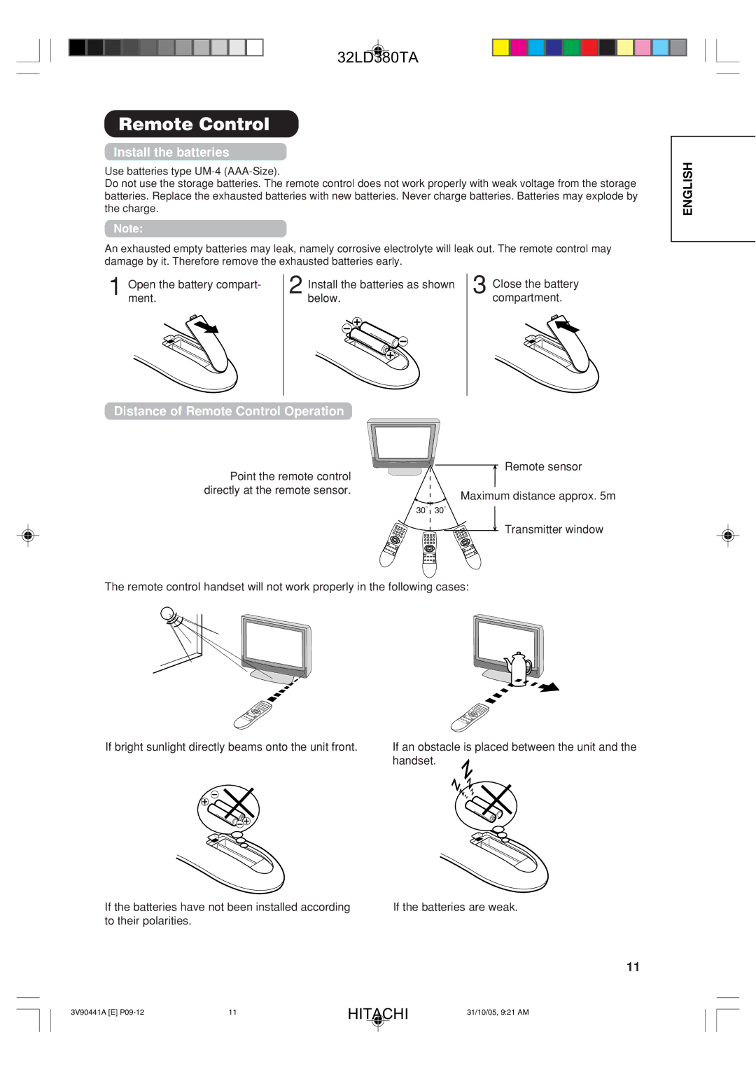 Hitachi 32LD380TA user manual Install the batteries, Distance of Remote Control Operation 