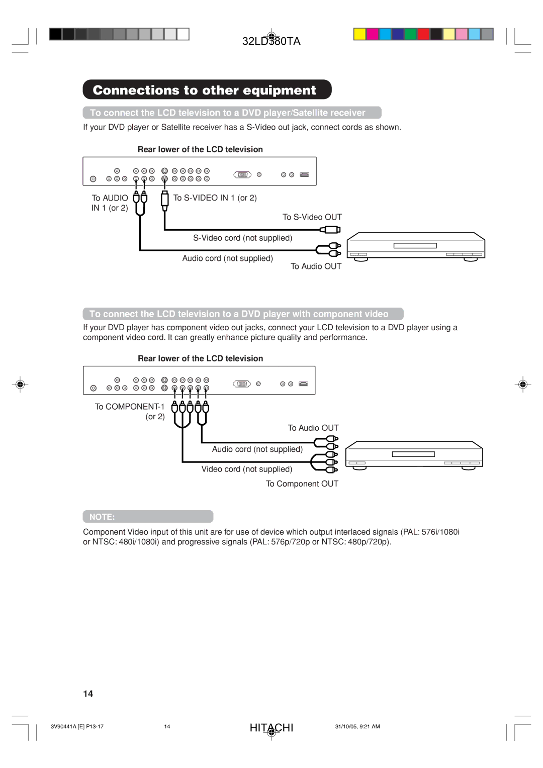 Hitachi 32LD380TA user manual To Audio in 1 or To S-VIDEO in 1 or 