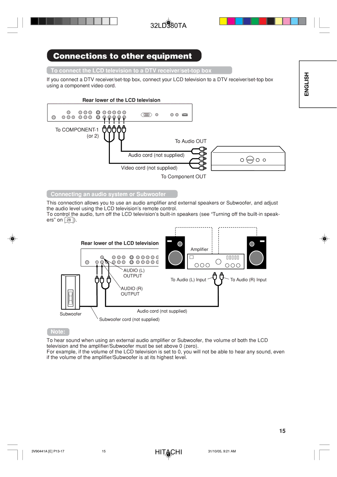 Hitachi 32LD380TA To connect the LCD television to a DTV receiver/set-top box, Connecting an audio system or Subwoofer 