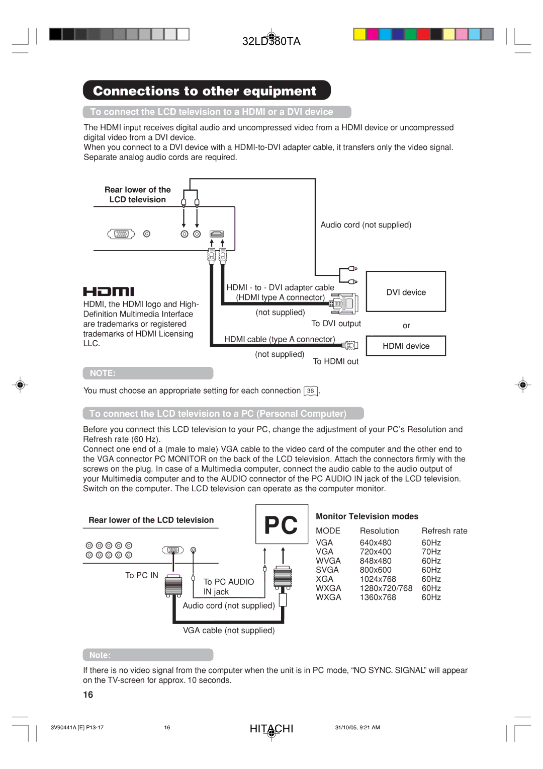 Hitachi 32LD380TA user manual To connect the LCD television to a Hdmi or a DVI device, Rear lower LCD television 