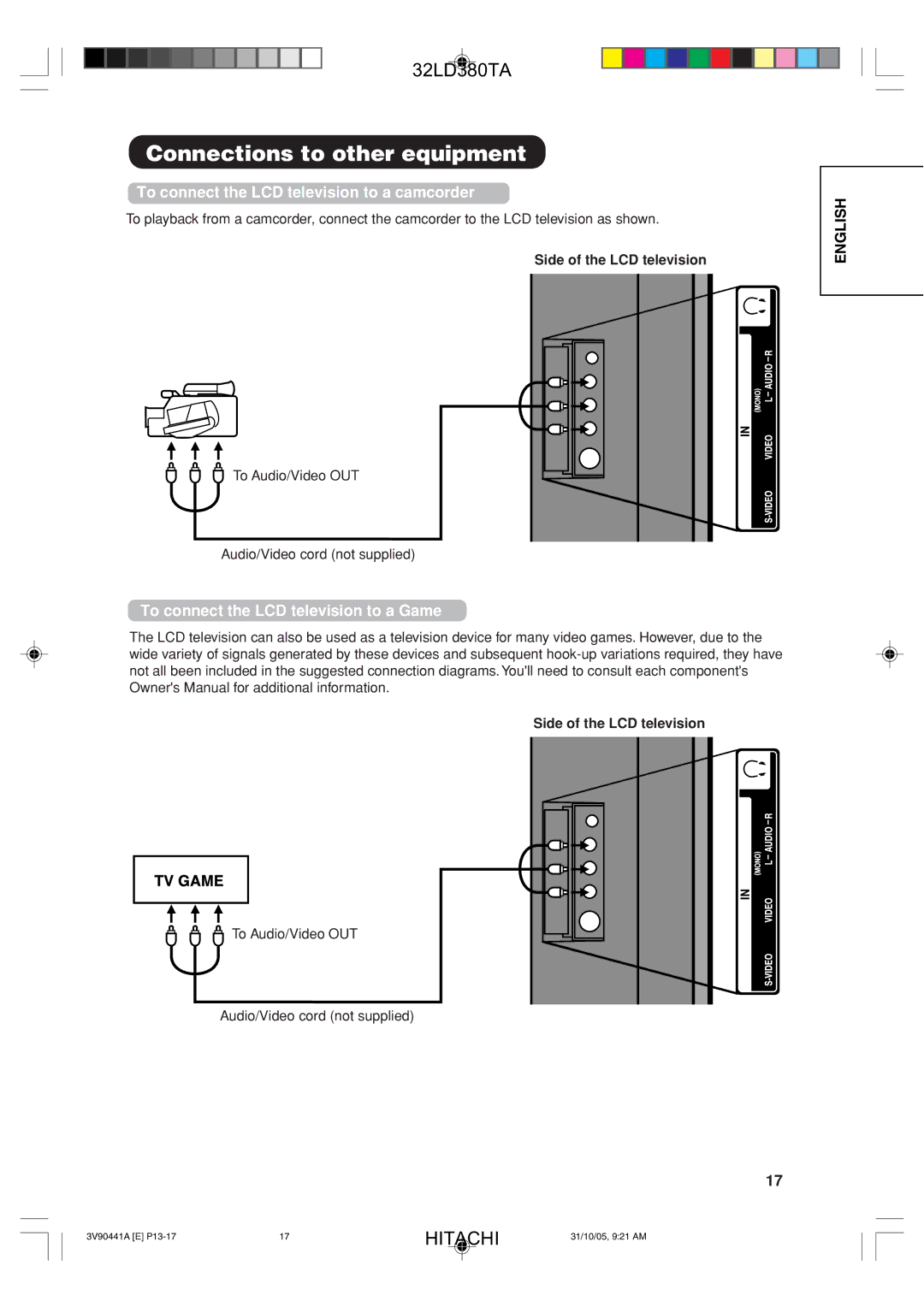 Hitachi 32LD380TA user manual To connect the LCD television to a camcorder, To connect the LCD television to a Game 