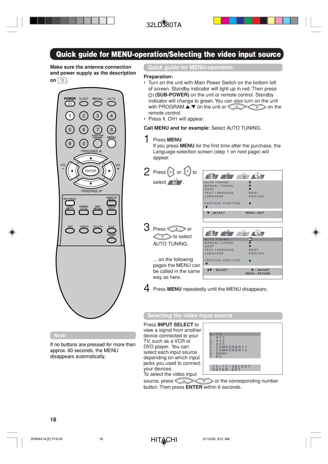 Hitachi 32LD380TA user manual Quick guide for MENU-operation, Selecting the video input source, Preparation 