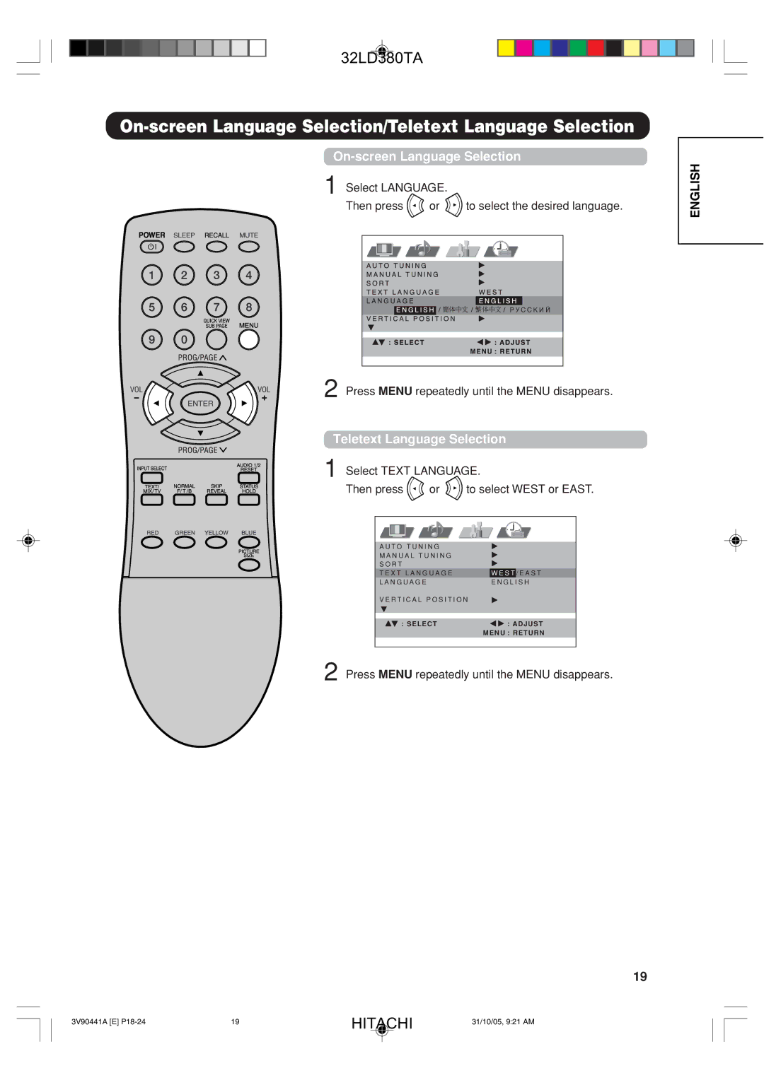 Hitachi 32LD380TA user manual On-screen Language Selection/Teletext Language Selection 