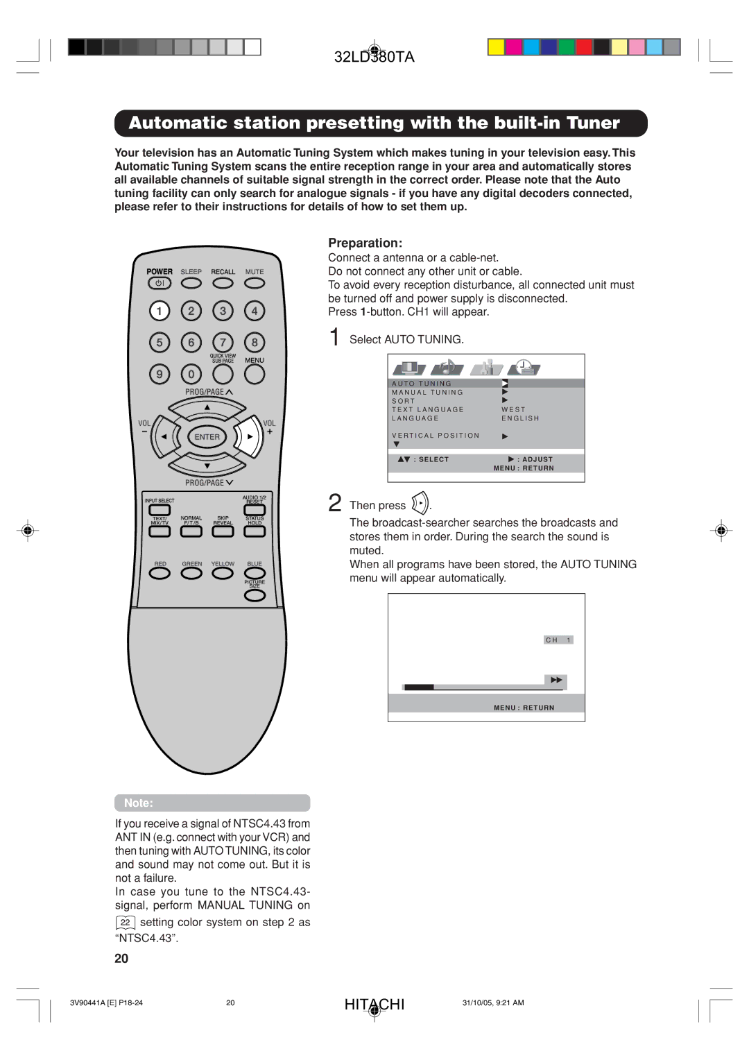 Hitachi 32LD380TA user manual Automatic station presetting with the built-in Tuner, Preparation 