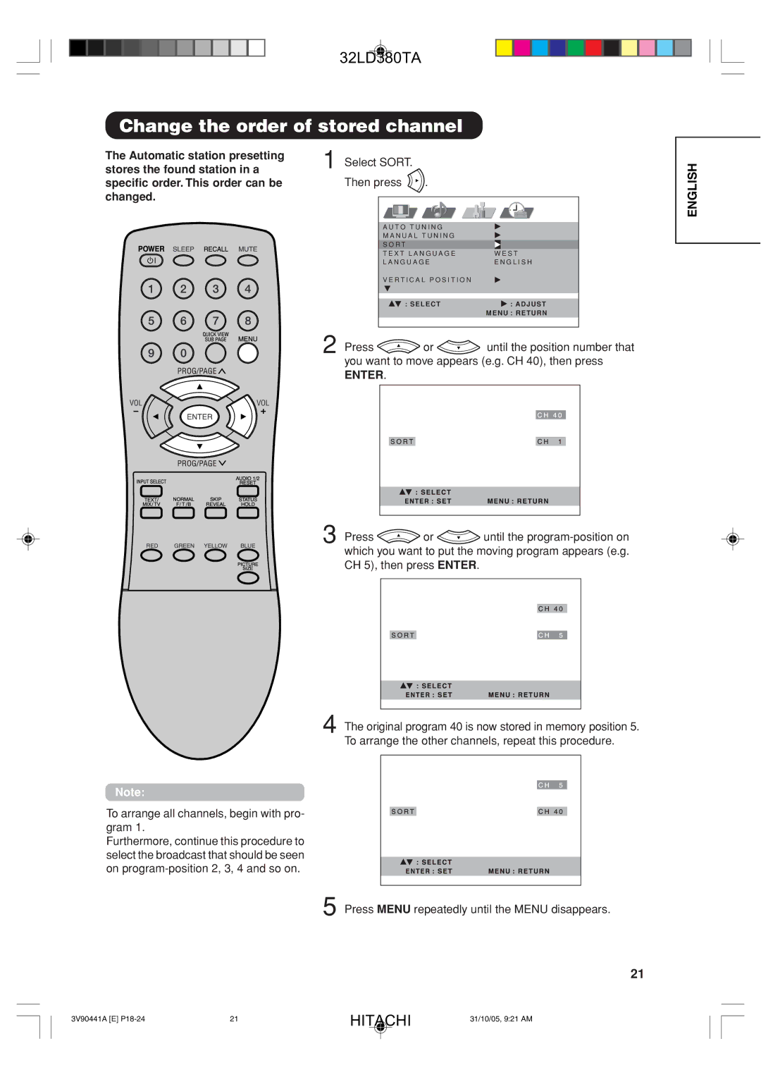 Hitachi 32LD380TA user manual Change the order of stored channel, Select Sort Then press 