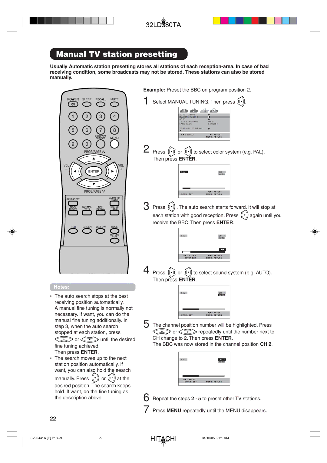 Hitachi 32LD380TA user manual Manual TV station presetting, Press or to select color system e.g. PAL. Then press Enter 