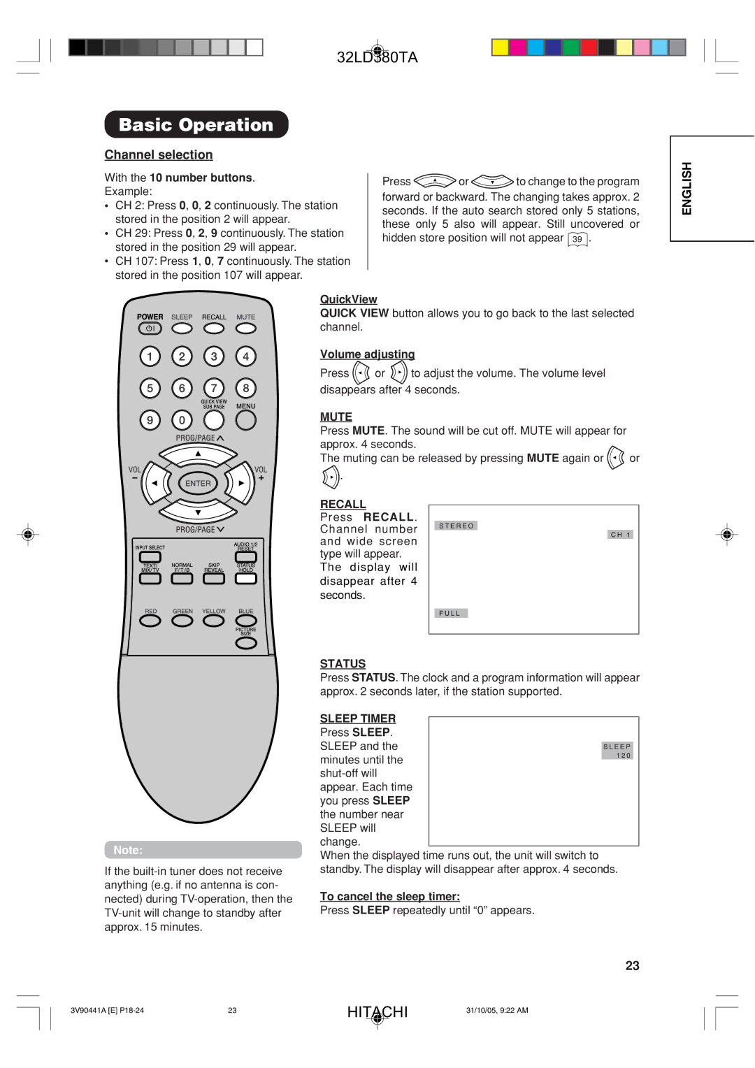 Hitachi 32LD380TA user manual Basic Operation, Channel selection 