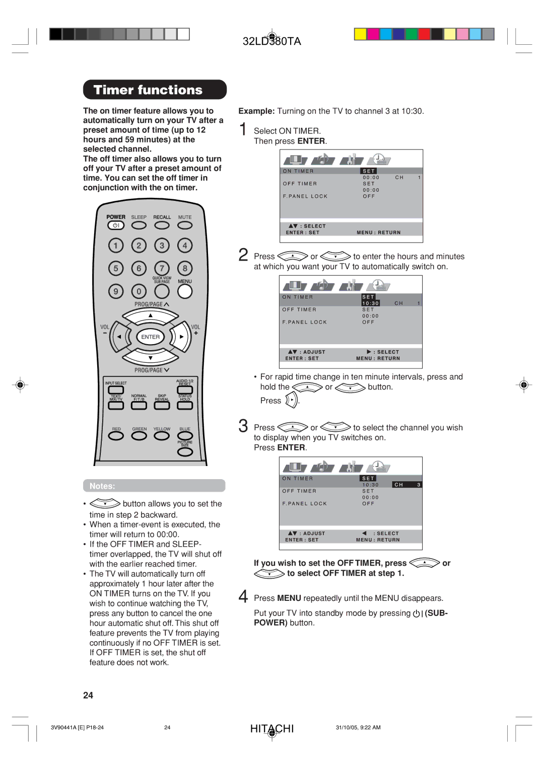 Hitachi 32LD380TA user manual Timer functions 