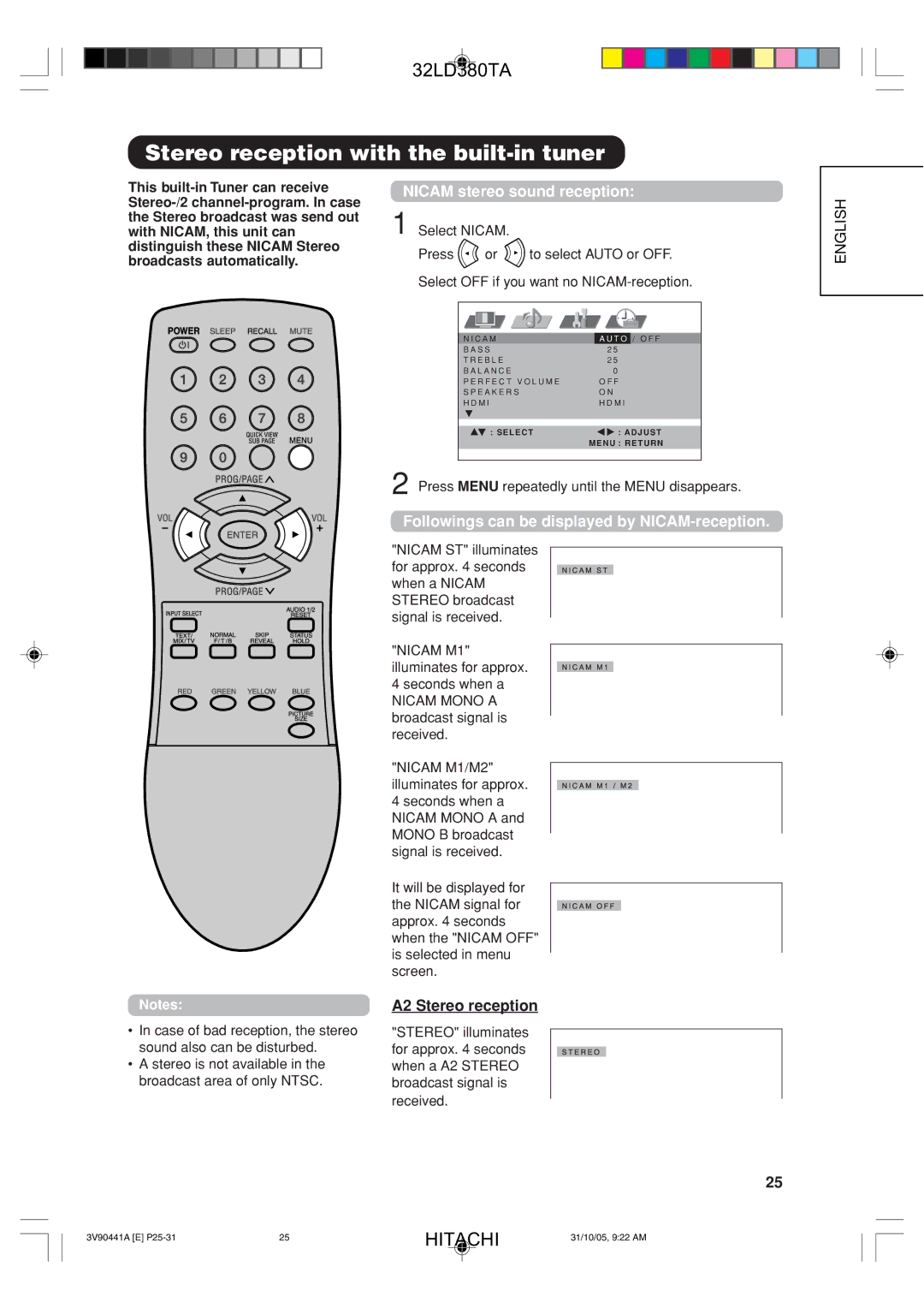 Hitachi 32LD380TA user manual Stereo reception with the built-in tuner, Nicam stereo sound reception, A2 Stereo reception 