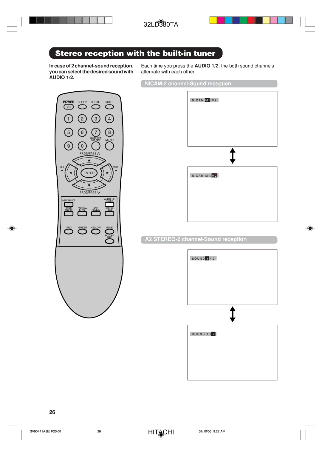 Hitachi 32LD380TA user manual Stereo reception with the built-in tuner 