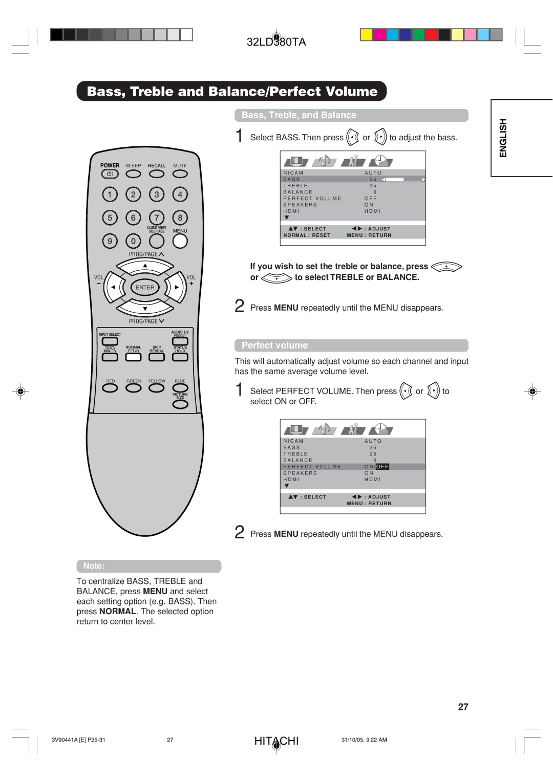 Hitachi 32LD380TA user manual Bass, Treble and Balance/Perfect Volume, Bass, Treble, and Balance, Perfect volume 