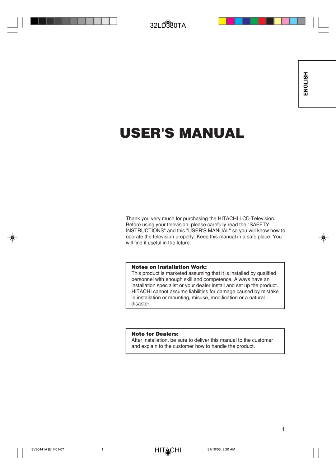 Hitachi 32LD380TA user manual English 