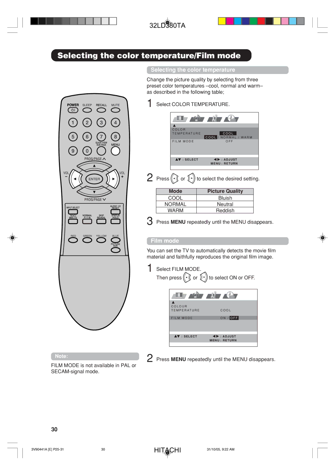 Hitachi 32LD380TA user manual Selecting the color temperature/Film mode, Mode Picture Quality 