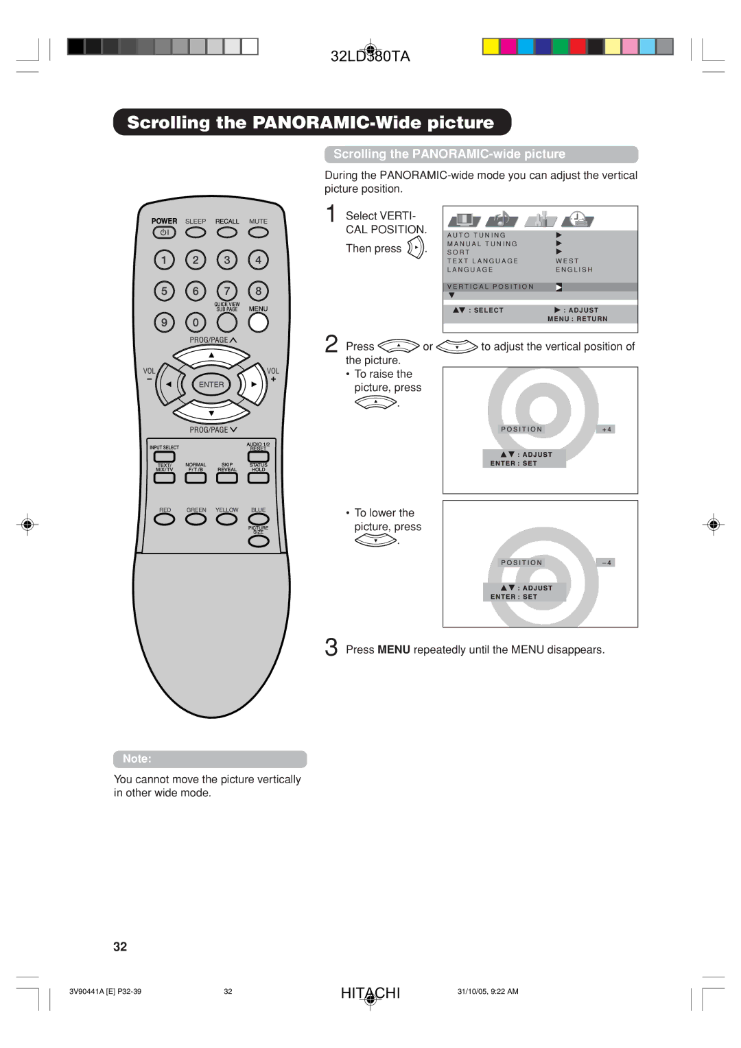 Hitachi 32LD380TA user manual Scrolling the PANORAMIC-Wide picture, Scrolling the PANORAMIC-wide picture 