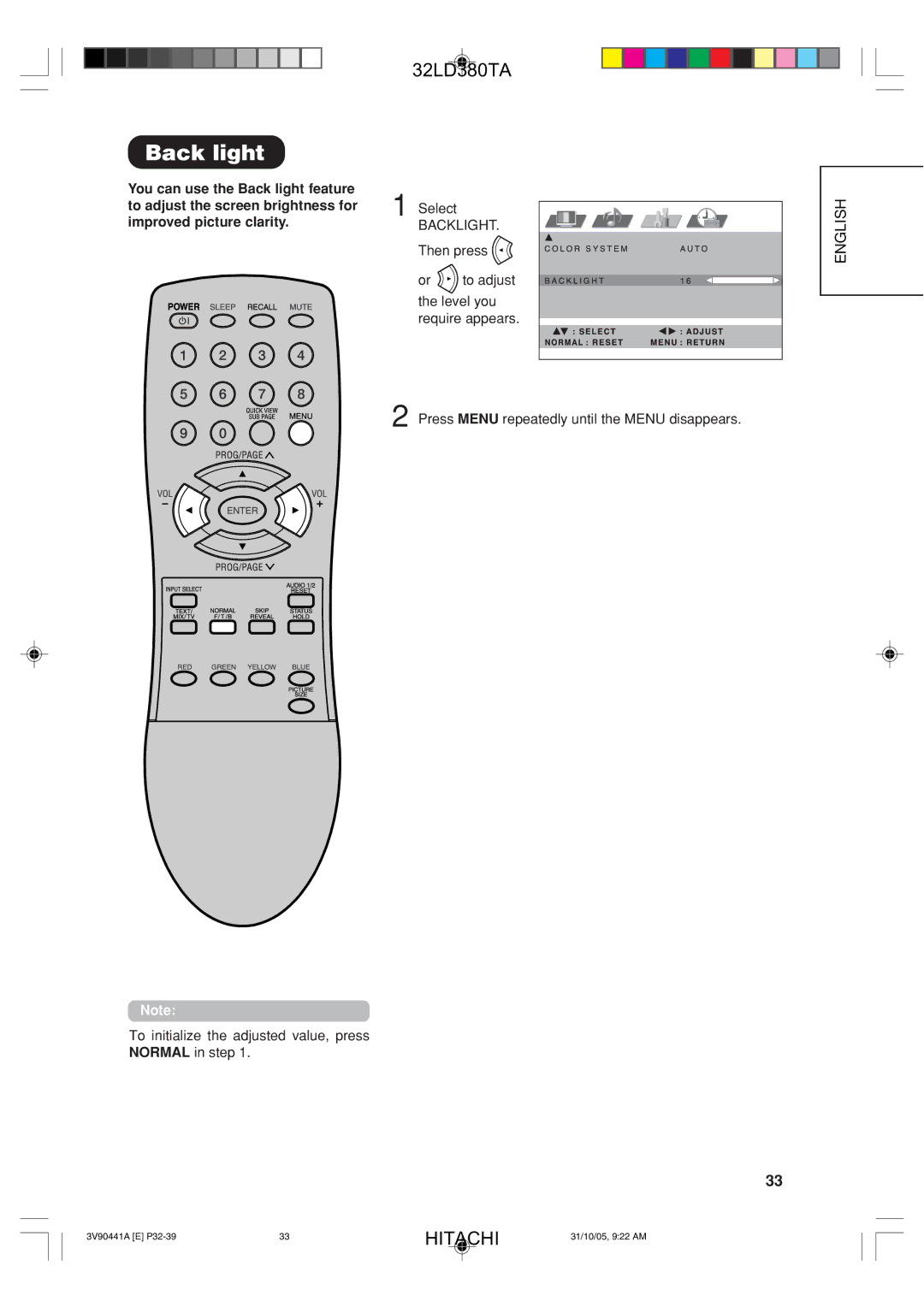 Hitachi 32LD380TA user manual Back light 