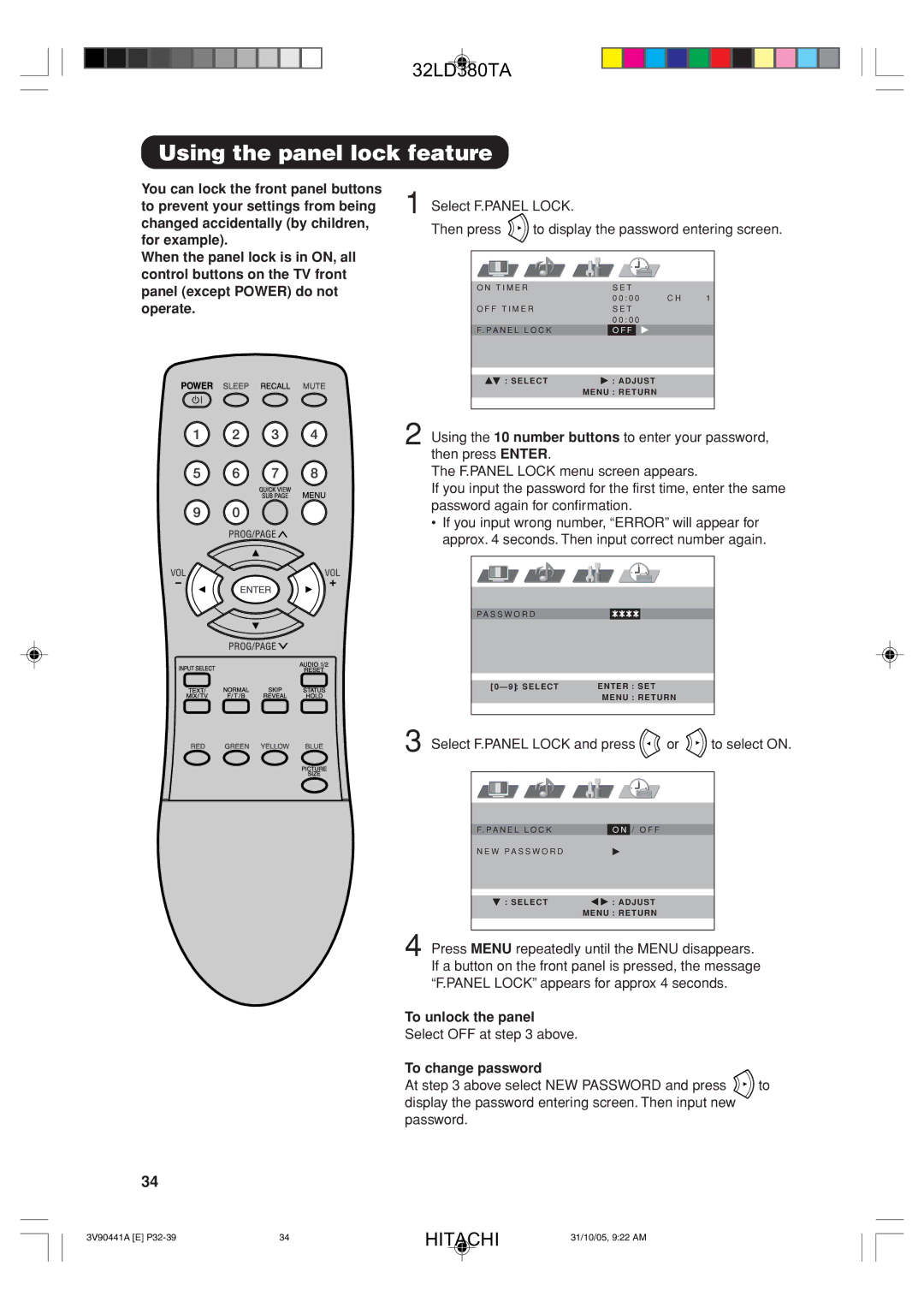 Hitachi 32LD380TA Using the panel lock feature, Select F.PANEL Lock and press or to select on, To unlock the panel 