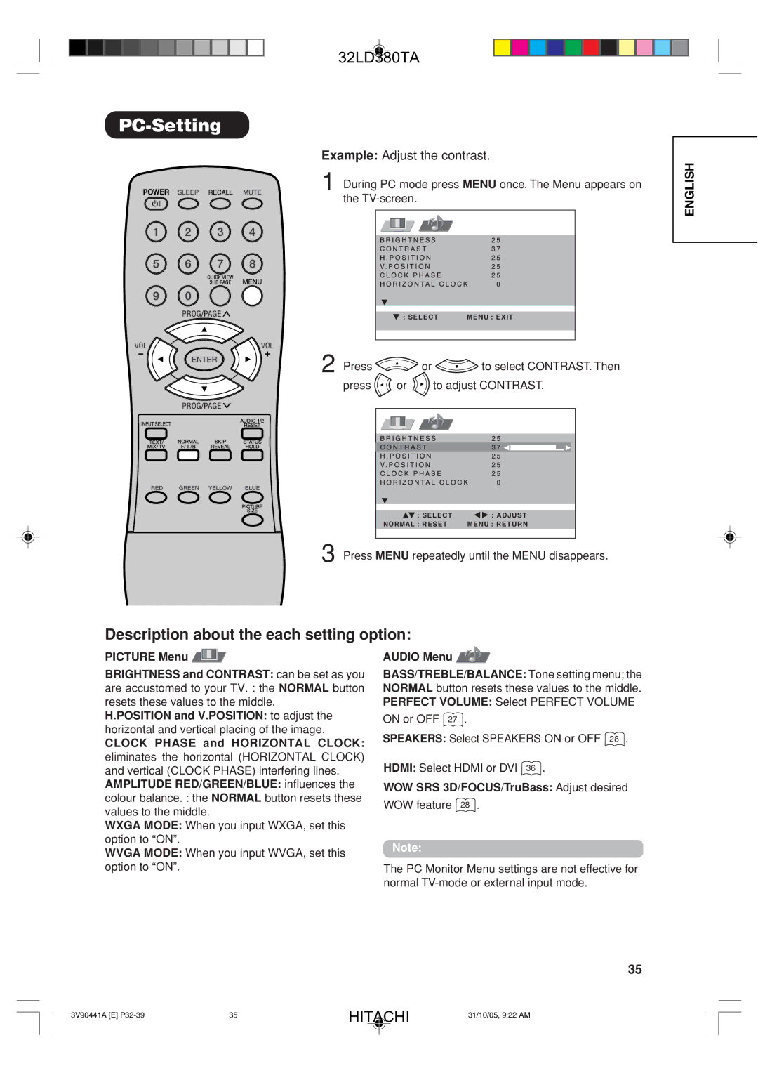 Hitachi 32LD380TA user manual PC-Setting, Picture Menu Brightness and Contrast can be set as you, Audio Menu 