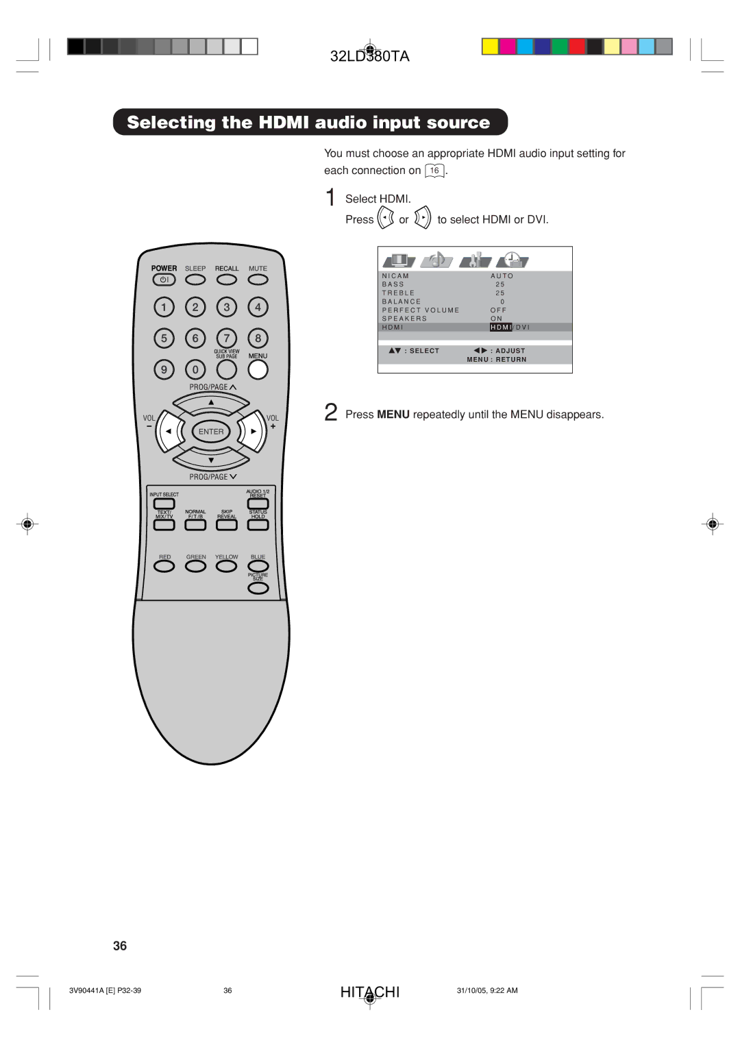 Hitachi 32LD380TA user manual Selecting the Hdmi audio input source 