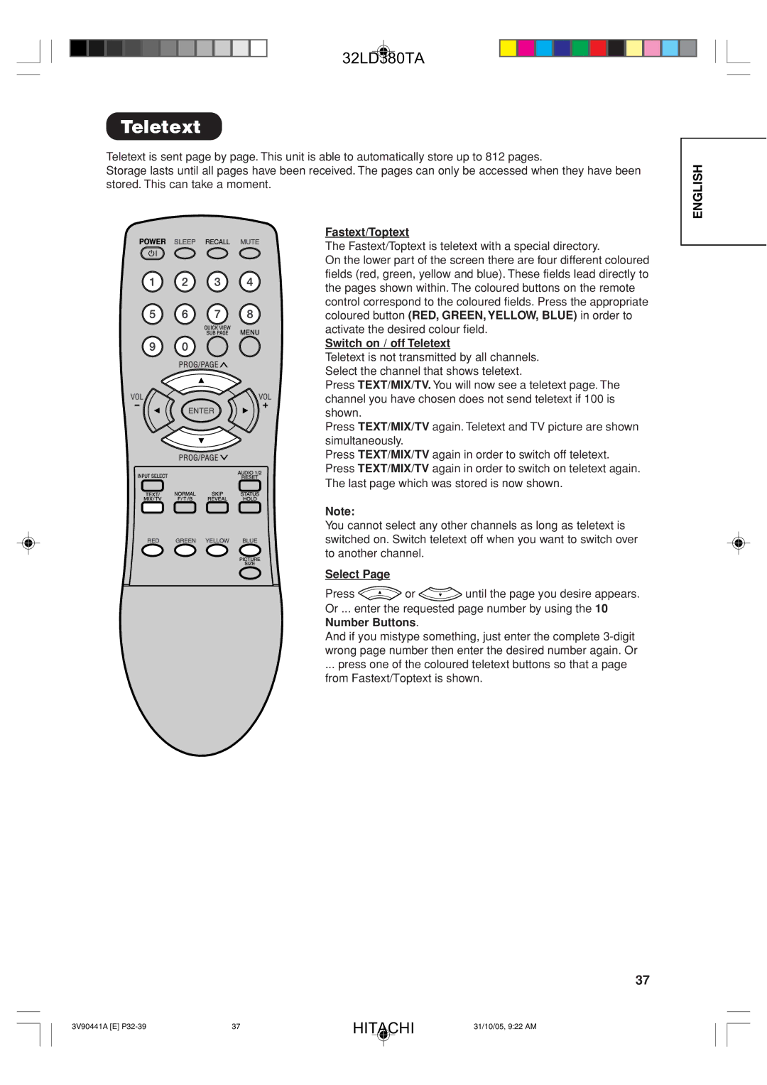 Hitachi 32LD380TA user manual Fastext/Toptext, Switch on / off Teletext, Select 