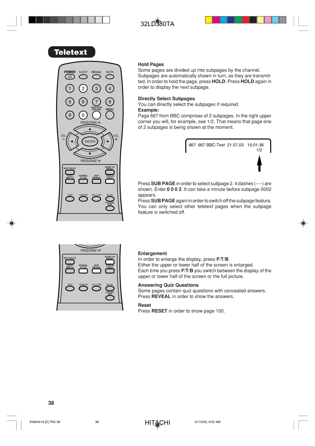 Hitachi 32LD380TA user manual Hold Pages, Directly Select Subpages, Example, Enlargement, Answering Quiz Questions, Reset 