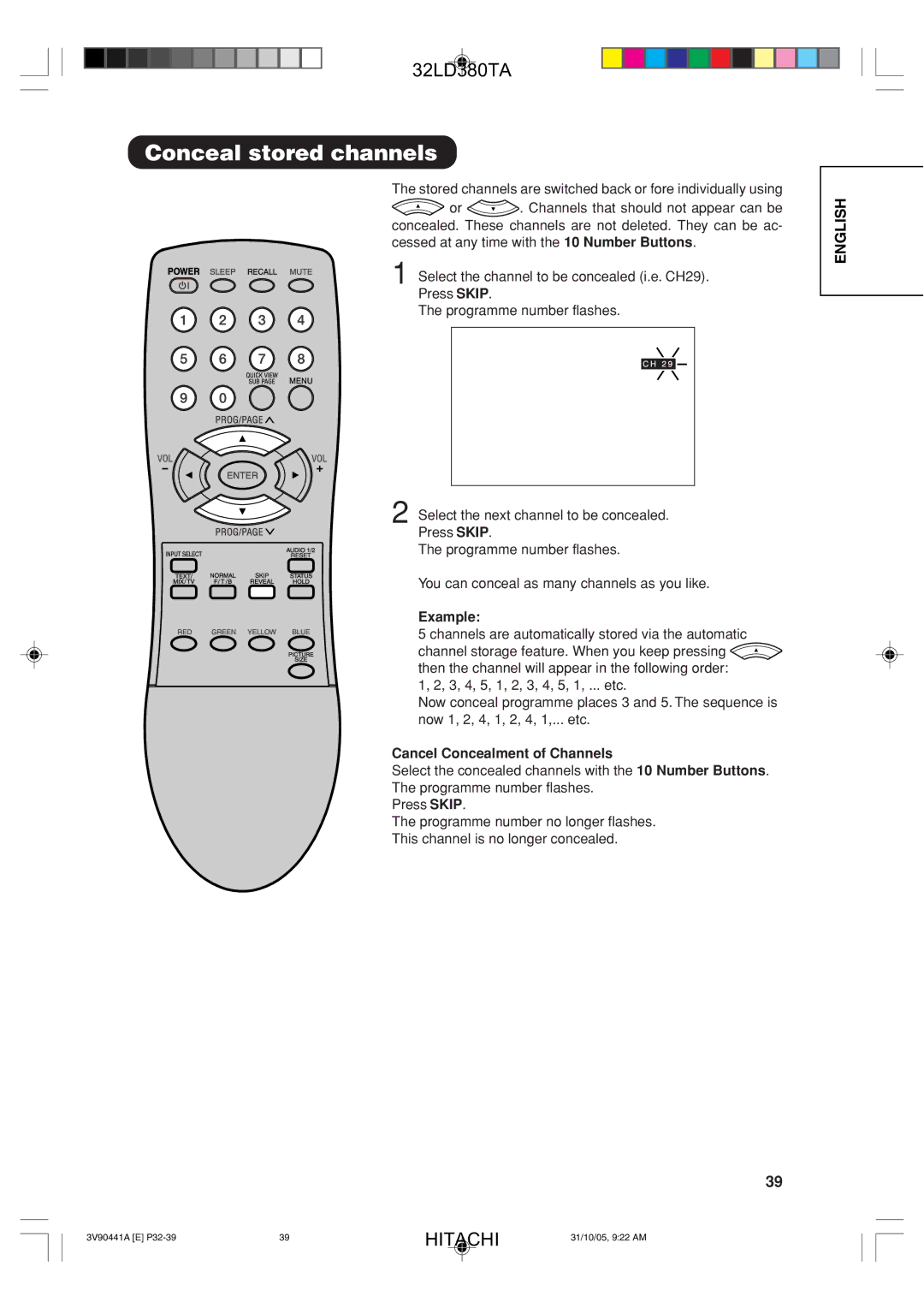 Hitachi 32LD380TA user manual Conceal stored channels, Cancel Concealment of Channels 