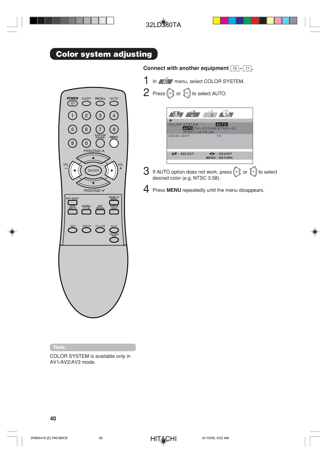 Hitachi 32LD380TA user manual Color system adjusting, Connect with another equipment ~, If Auto option does not work, press 