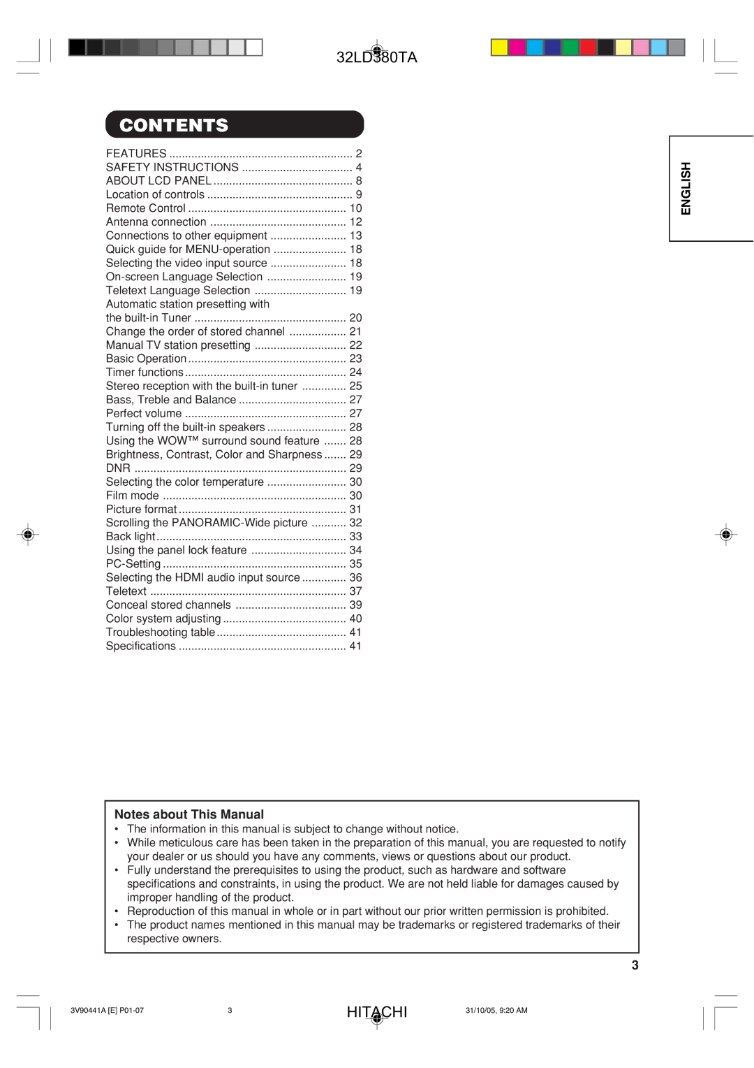 Hitachi 32LD380TA user manual Contents 