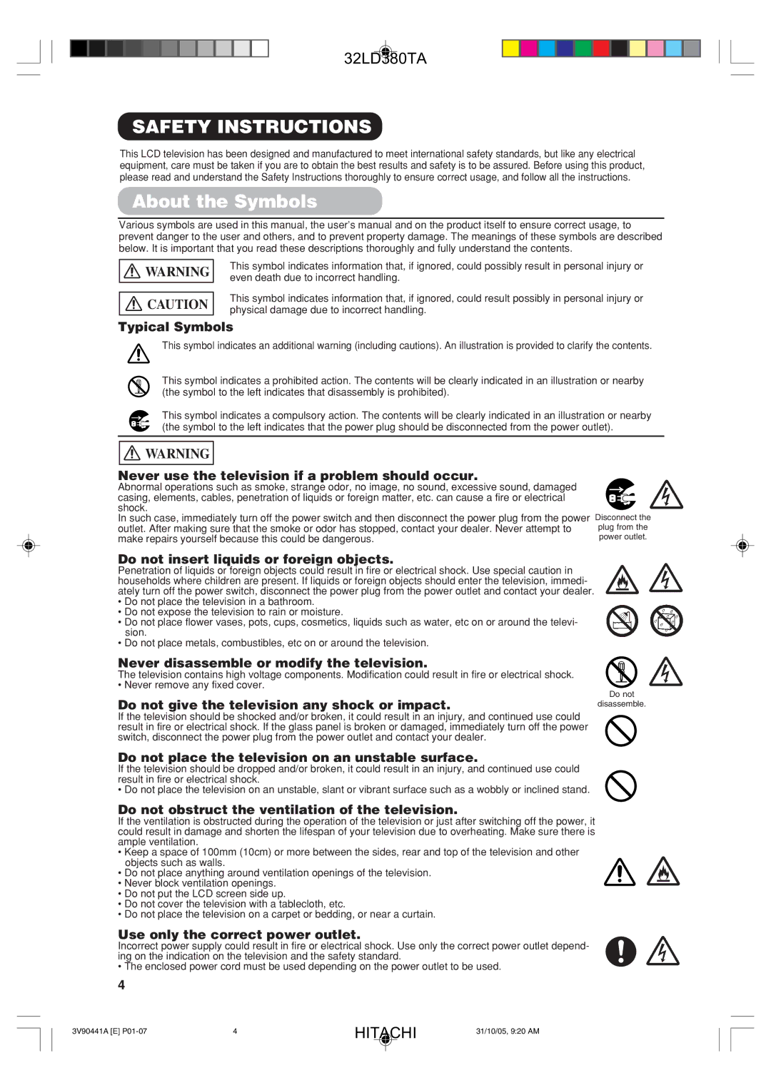 Hitachi 32LD380TA user manual About the Symbols 