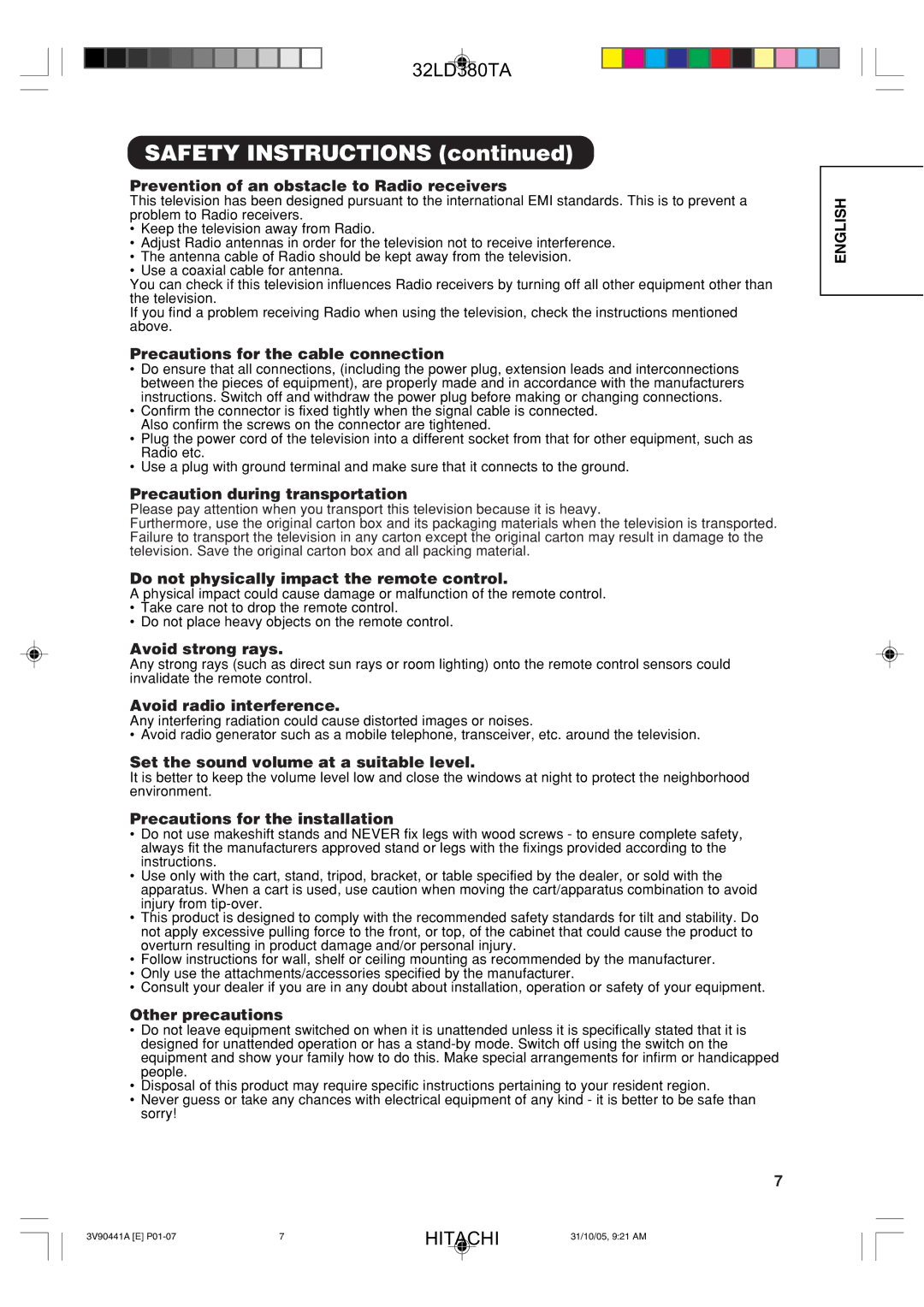 Hitachi 32LD380TA Prevention of an obstacle to Radio receivers, Precautions for the cable connection, Avoid strong rays 