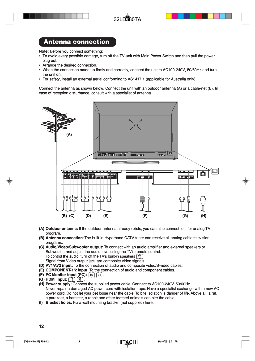 Hitachi 32LD380TA user manual Antenna connection, F PC Monitor input PC 16, G HDMI input 16, Hitachi 