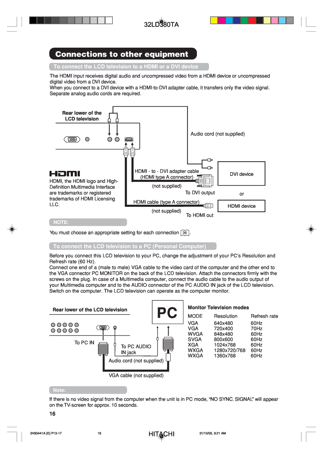 Hitachi 32LD380TA user manual To connect the LCD television to a HDMI or a DVI device, Monitor Television modes, Hitachi 