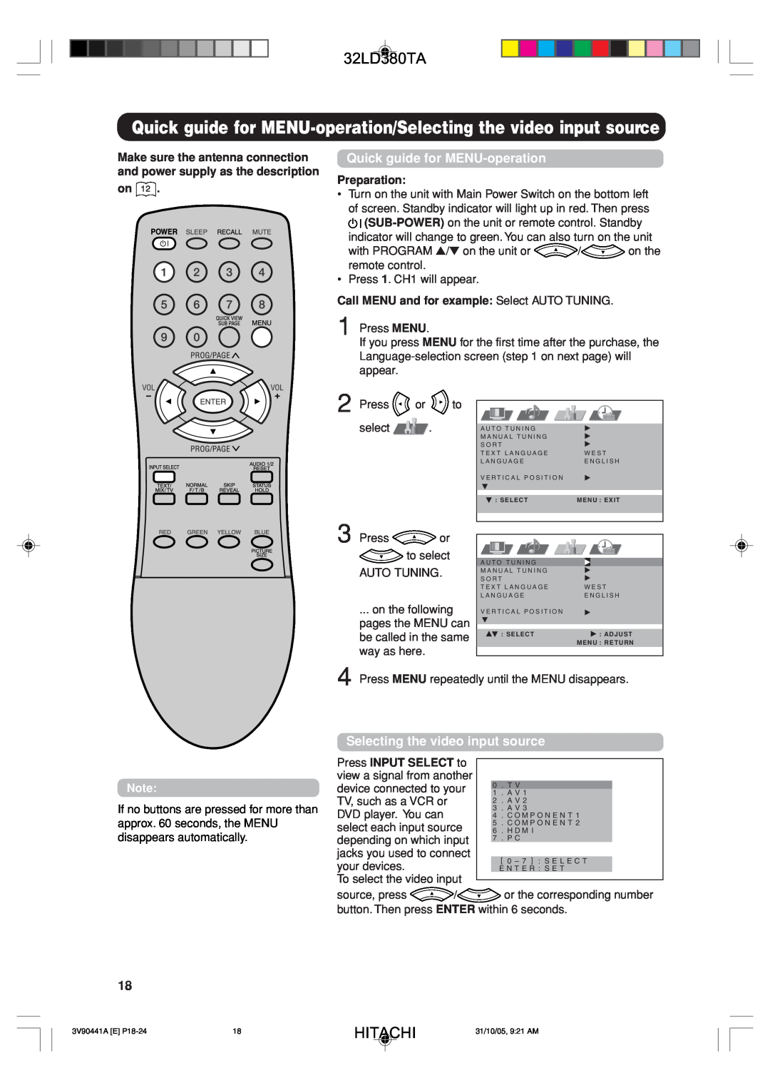 Hitachi 32LD380TA user manual Quick guide for MENU-operation/Selecting the video input source, Preparation, Hitachi 