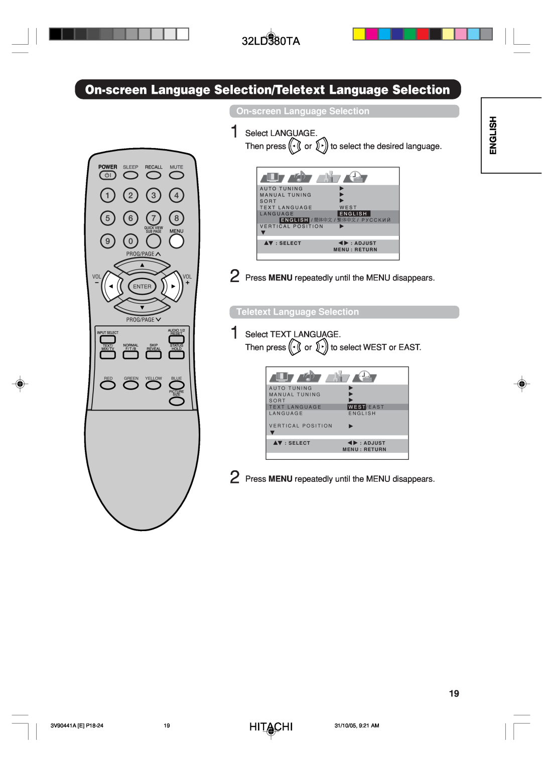Hitachi 32LD380TA user manual On-screen Language Selection/Teletext Language Selection, Hitachi, English 