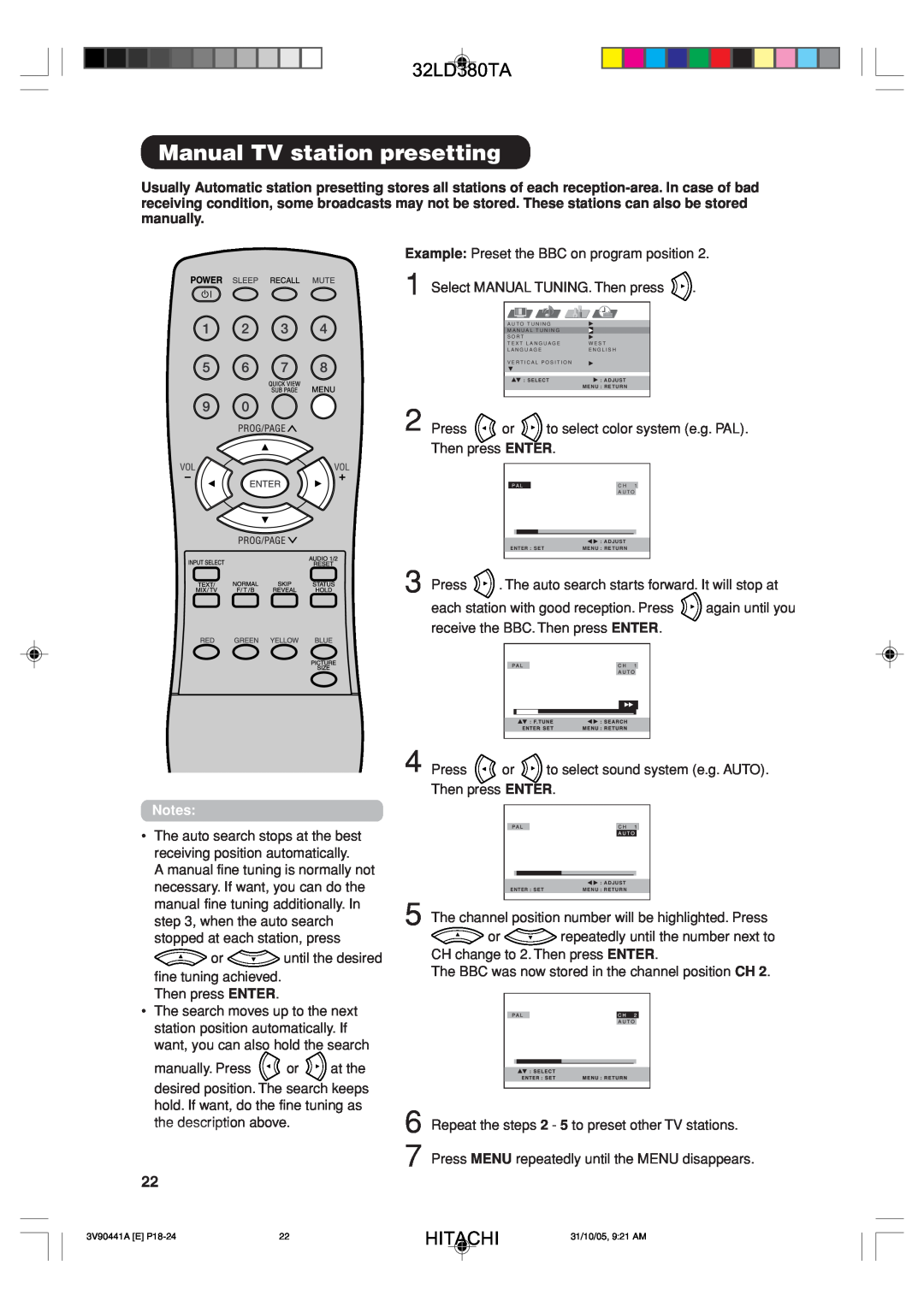 Hitachi 32LD380TA user manual Manual TV station presetting, Hitachi 