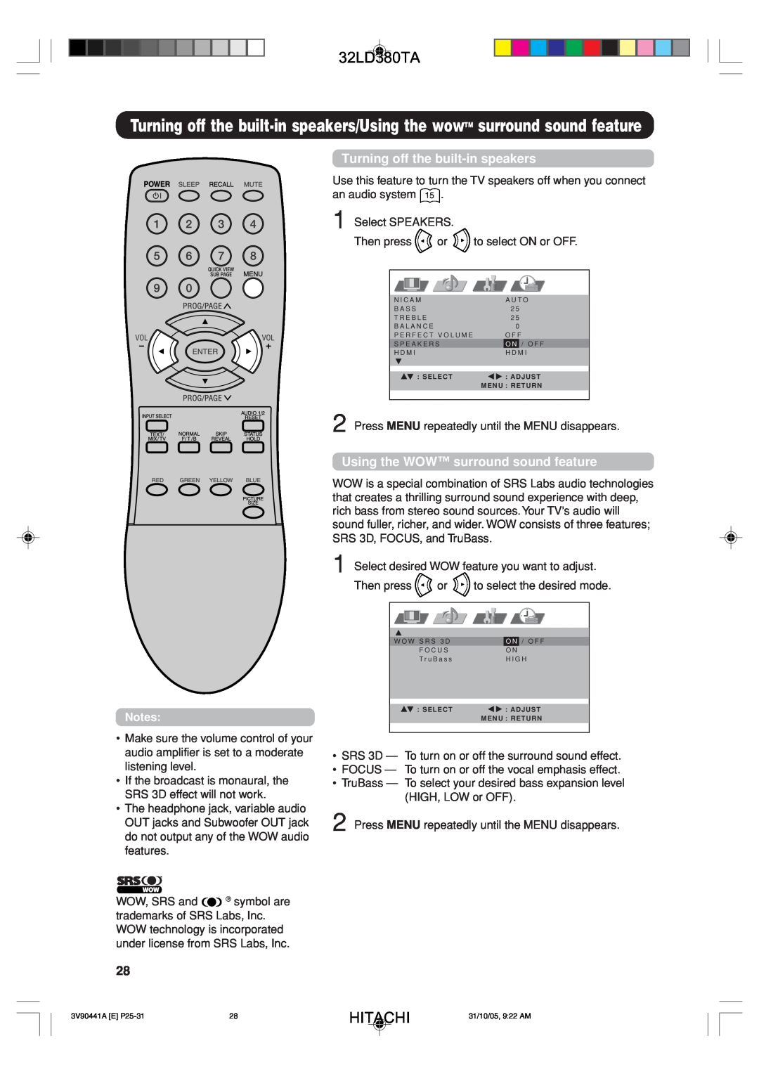 Hitachi 32LD380TA user manual Turning off the built-in speakers, Using the WOW surround sound feature, Hitachi 