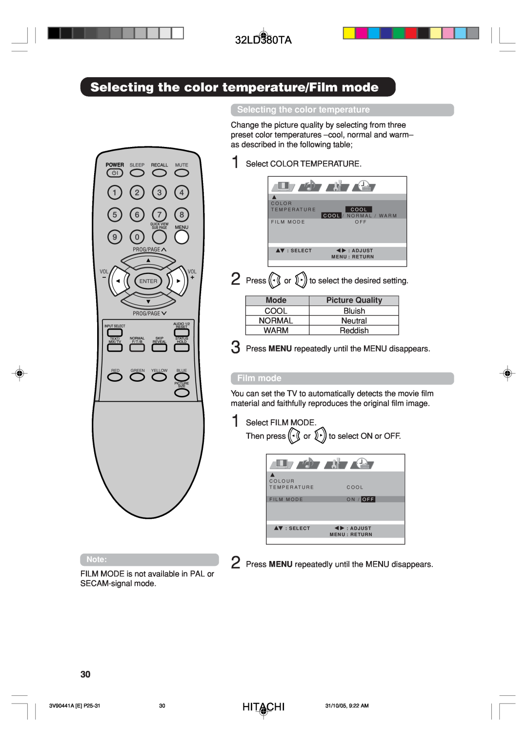 Hitachi 32LD380TA user manual Selecting the color temperature/Film mode, Mode, Picture Quality, Hitachi 