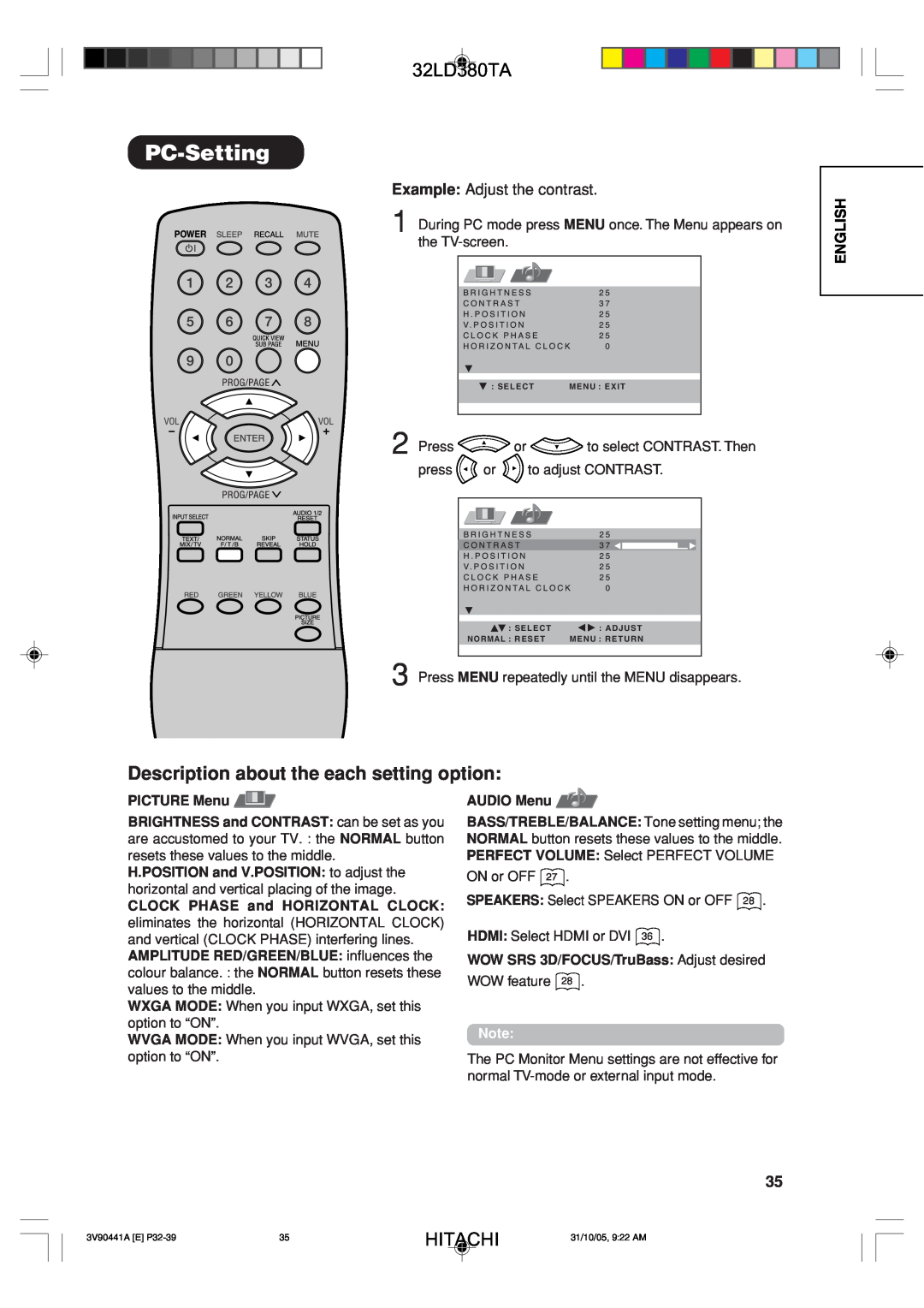 Hitachi 32LD380TA PC-Setting, Description about the each setting option, Example Adjust the contrast, AUDIO Menu, Hitachi 