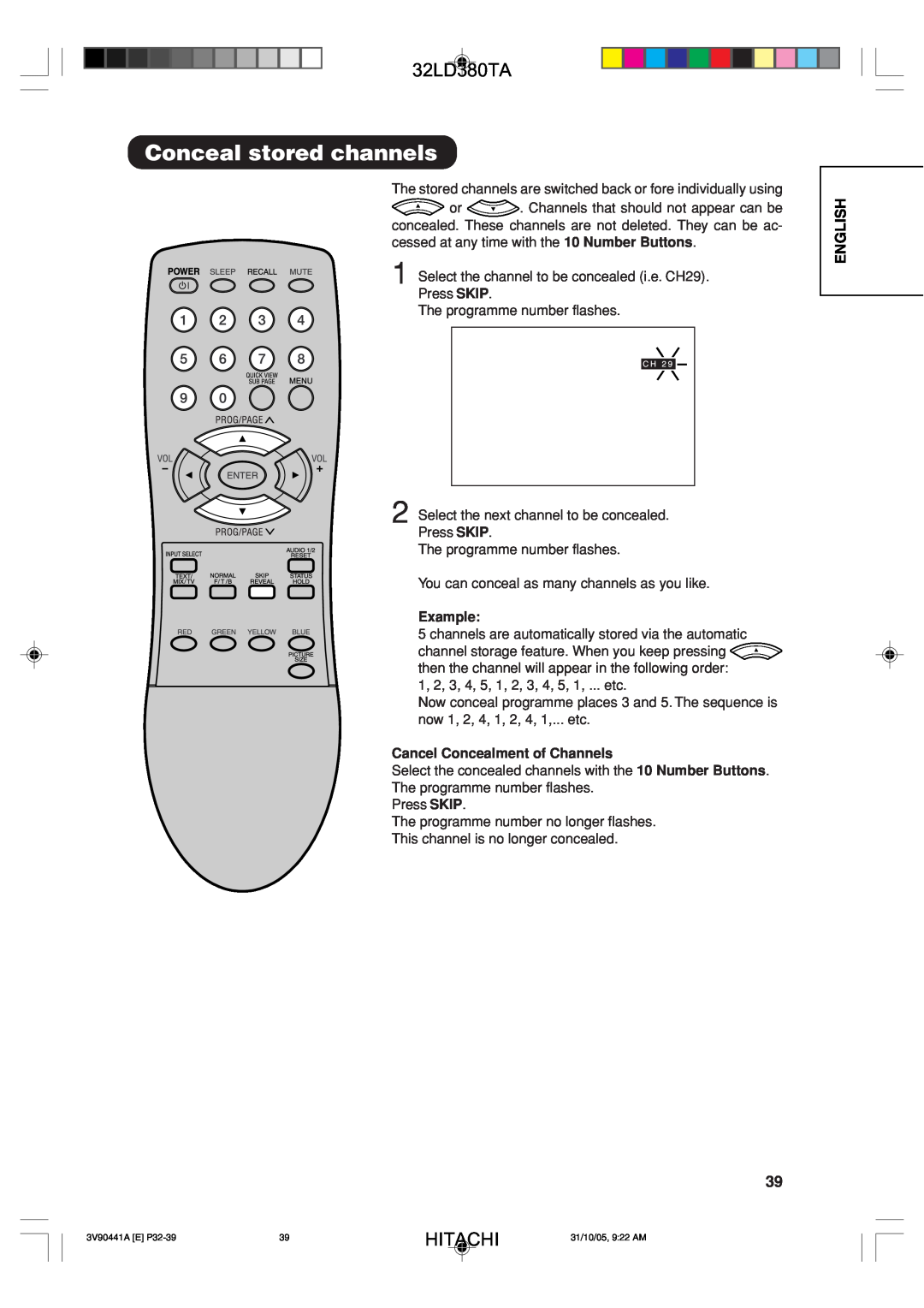 Hitachi 32LD380TA user manual Conceal stored channels, Cancel Concealment of Channels, Hitachi, English, Example 