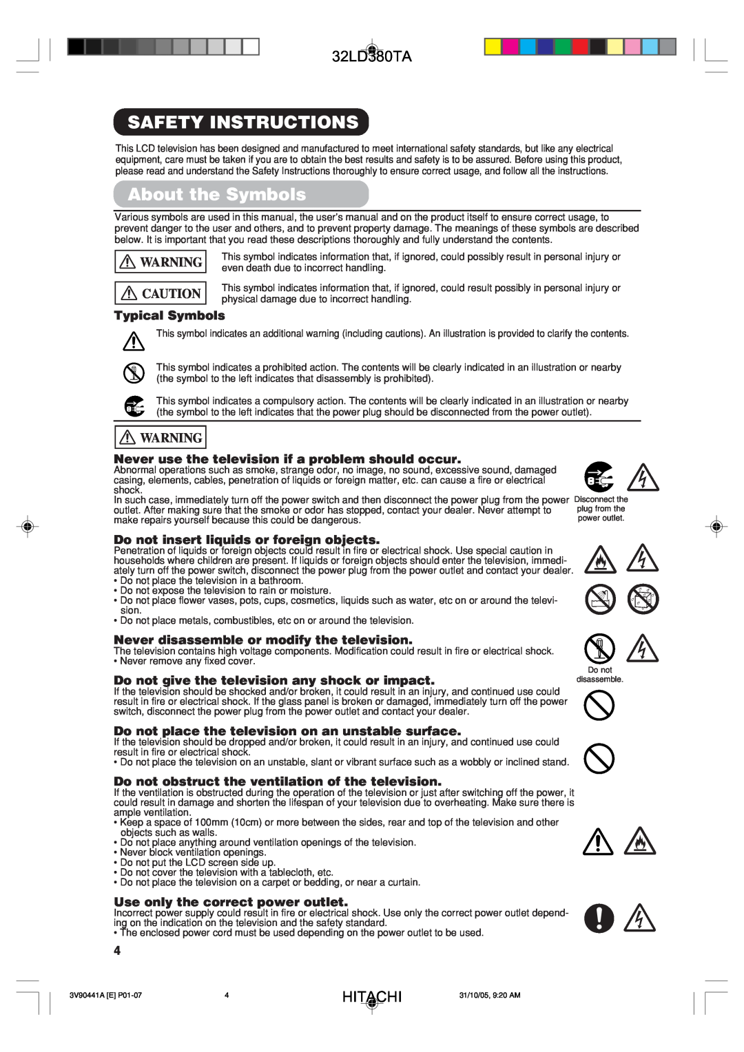 Hitachi 32LD380TA Safety Instructions, About the Symbols, Typical Symbols, Do not insert liquids or foreign objects 
