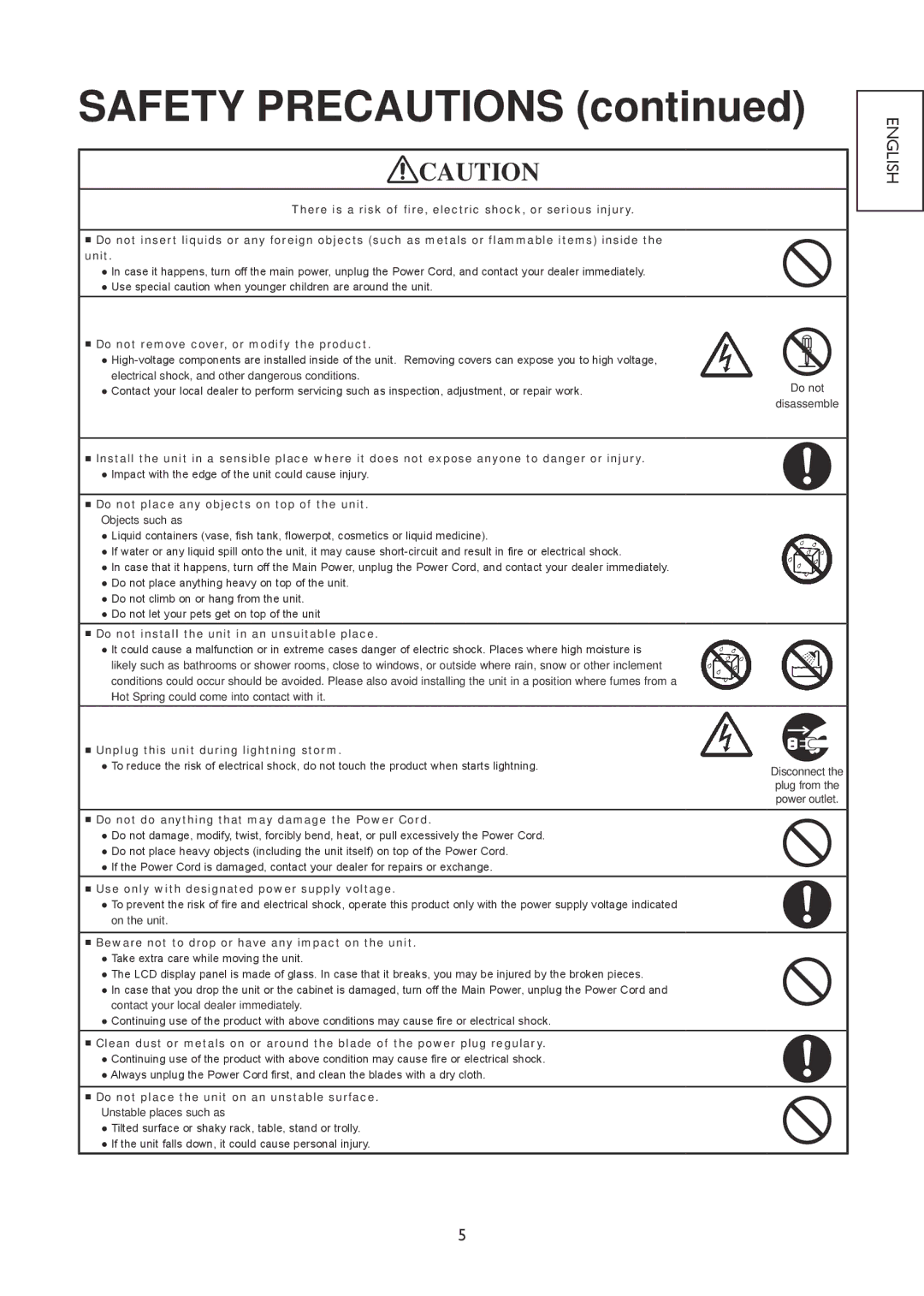 Hitachi 26LD4550C, 32LD4550U, 32LD4550C, 22LD4550C, 19LD4550U, 26LD4550U, 22LD4550U, 19LD4550C user manual Safety Precautions 