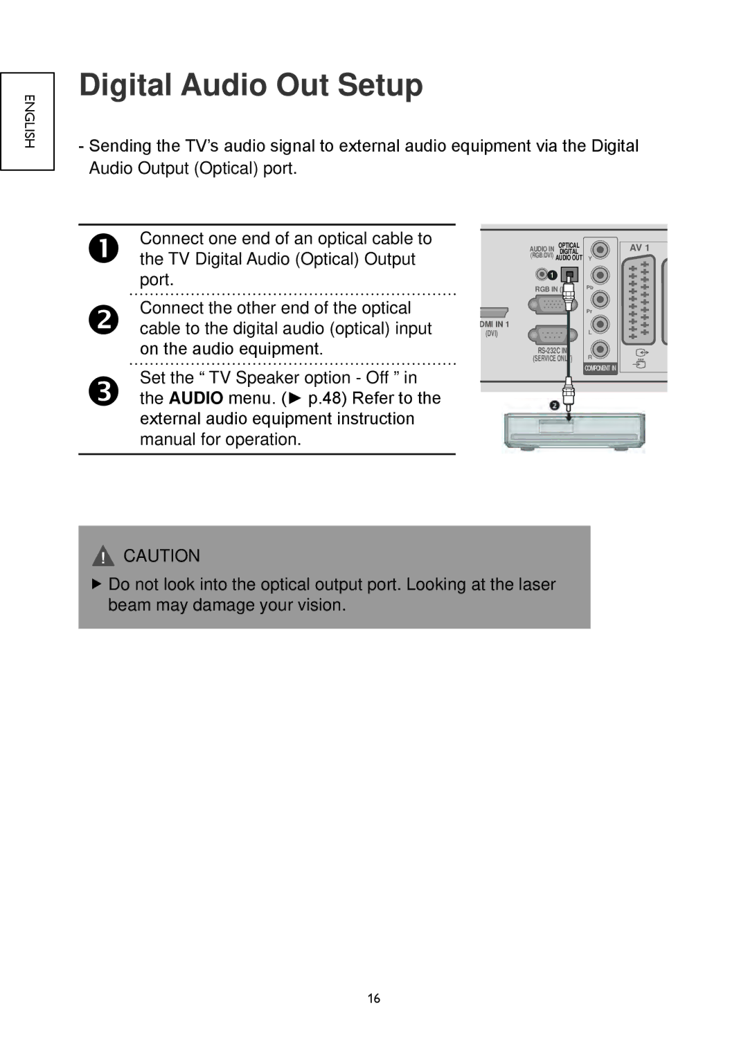 Hitachi 26LD4550U Digital Audio Out Setup, Connect one end of an optical cable to,  the TV Digital Audio Optical Output 