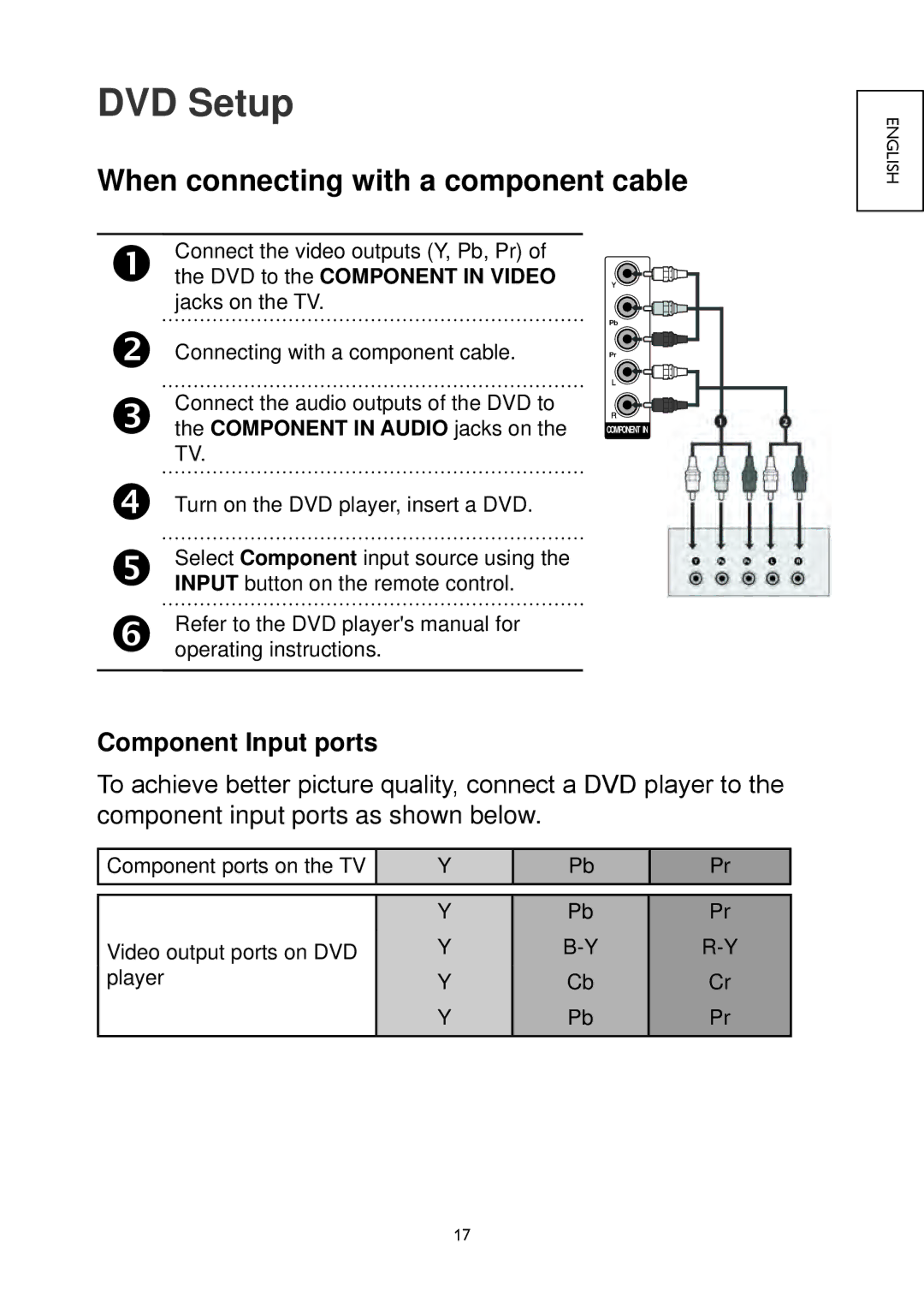 Hitachi 22LD4550U, 32LD4550U, 32LD4550C, 26LD4550C, 22LD4550C, 19LD4550U DVD Setup, When connecting with a component cable 