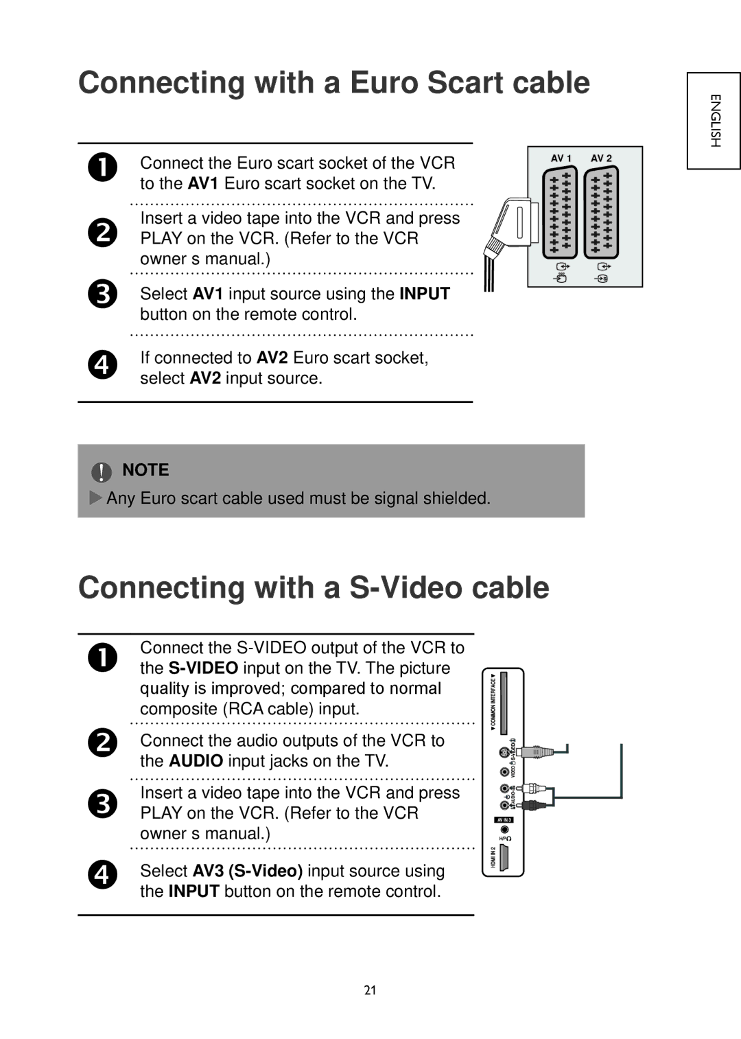 Hitachi 26LD4550C, 32LD4550U, 32LD4550C, 22LD4550C Connecting with a Euro Scart cable, Connecting with a S-Video cable 