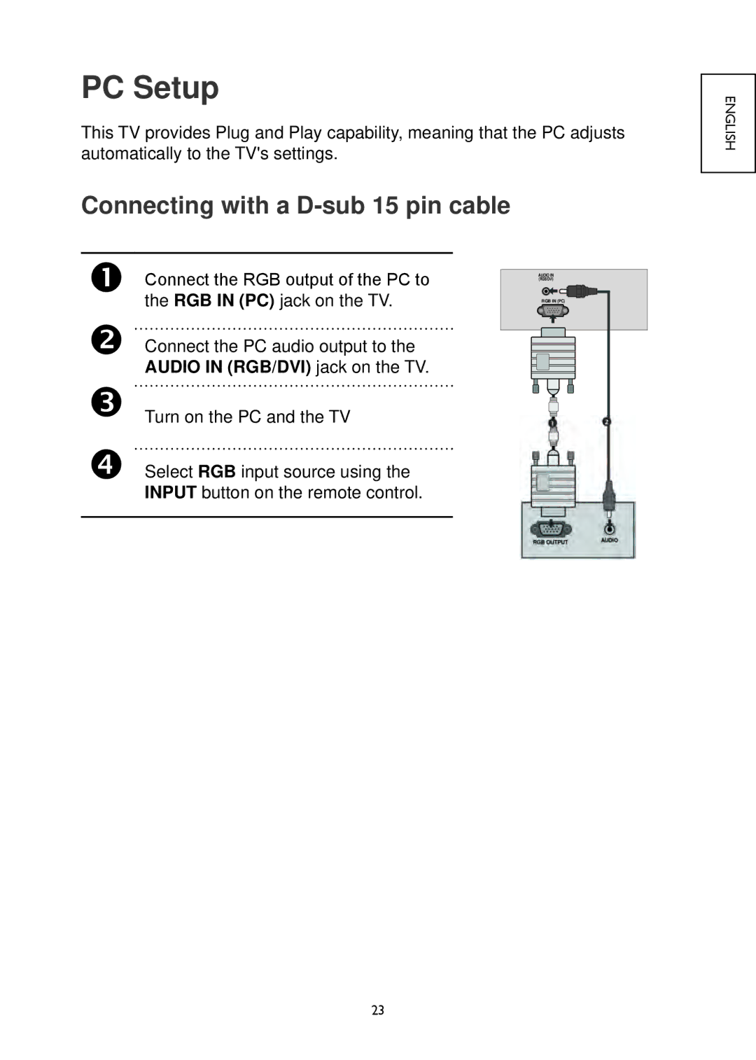 Hitachi 19LD4550U, 32LD4550U, 32LD4550C, 26LD4550C, 22LD4550C, 26LD4550U PC Setup, Connecting with a D-sub 15 pin cable 