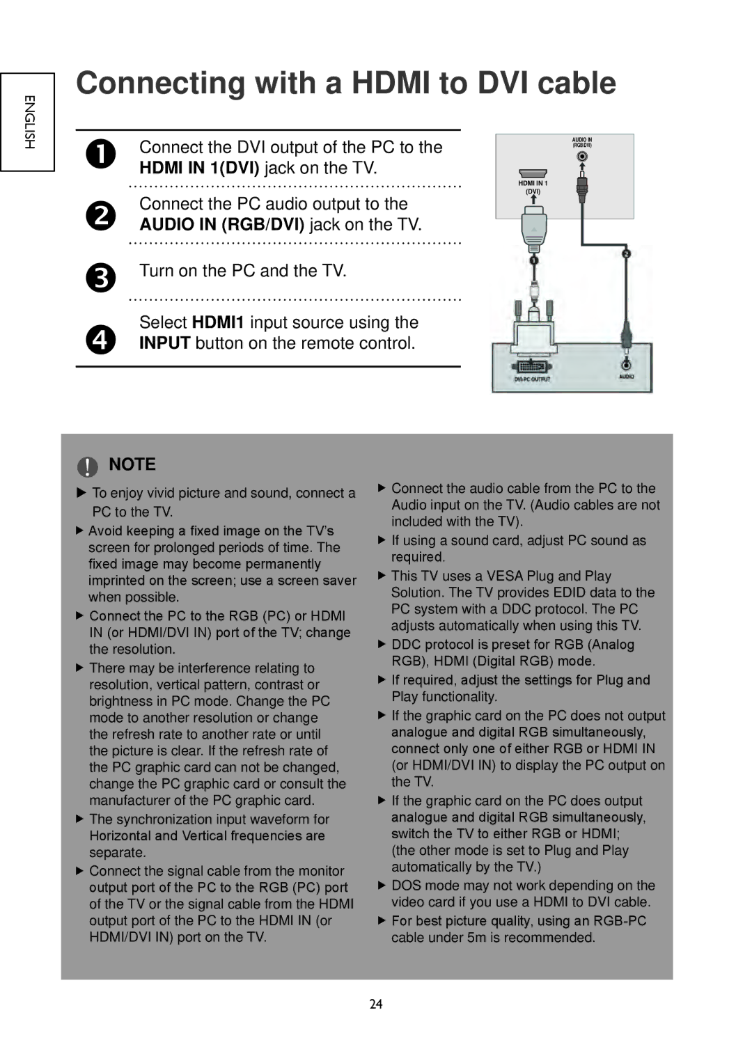 Hitachi 26LD4550U, 32LD4550U, 32LD4550C, 26LD4550C, 22LD4550C, 19LD4550U, 22LD4550U Connecting with a Hdmi to DVI cable 