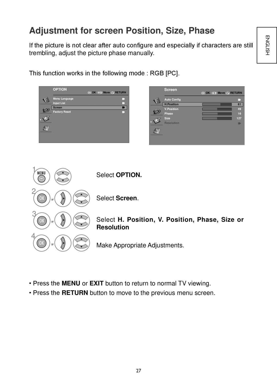 Hitachi 32LD4550U Adjustment for screen Position, Size, Phase, Select H. Position, V. Position, Phase, Size or, Resolution 